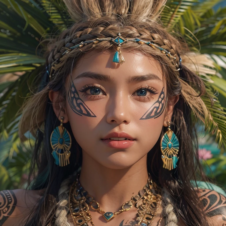 Polynesian Sea、Hair blowing in the wind 、 ((highest quality、masterpiece、8k、Best image quality、Ultra-high resolution、Award-winning works)、(Accurate anatomy:1.1)、(Look at me and smile:1.0)、Shining fair skin with Ultra-high resolution、The most detailed face、Ultra-high resolution detailed face、Ultra-high resolutionの髪の毛、(Ultra-high resolution eye:1.1)、Beautiful face drawn in every detail、Polynesian Costume,Small breasts, Polynesian Tattoo, Polynesian canoe、Wearing Polynesian costumes:1.2.