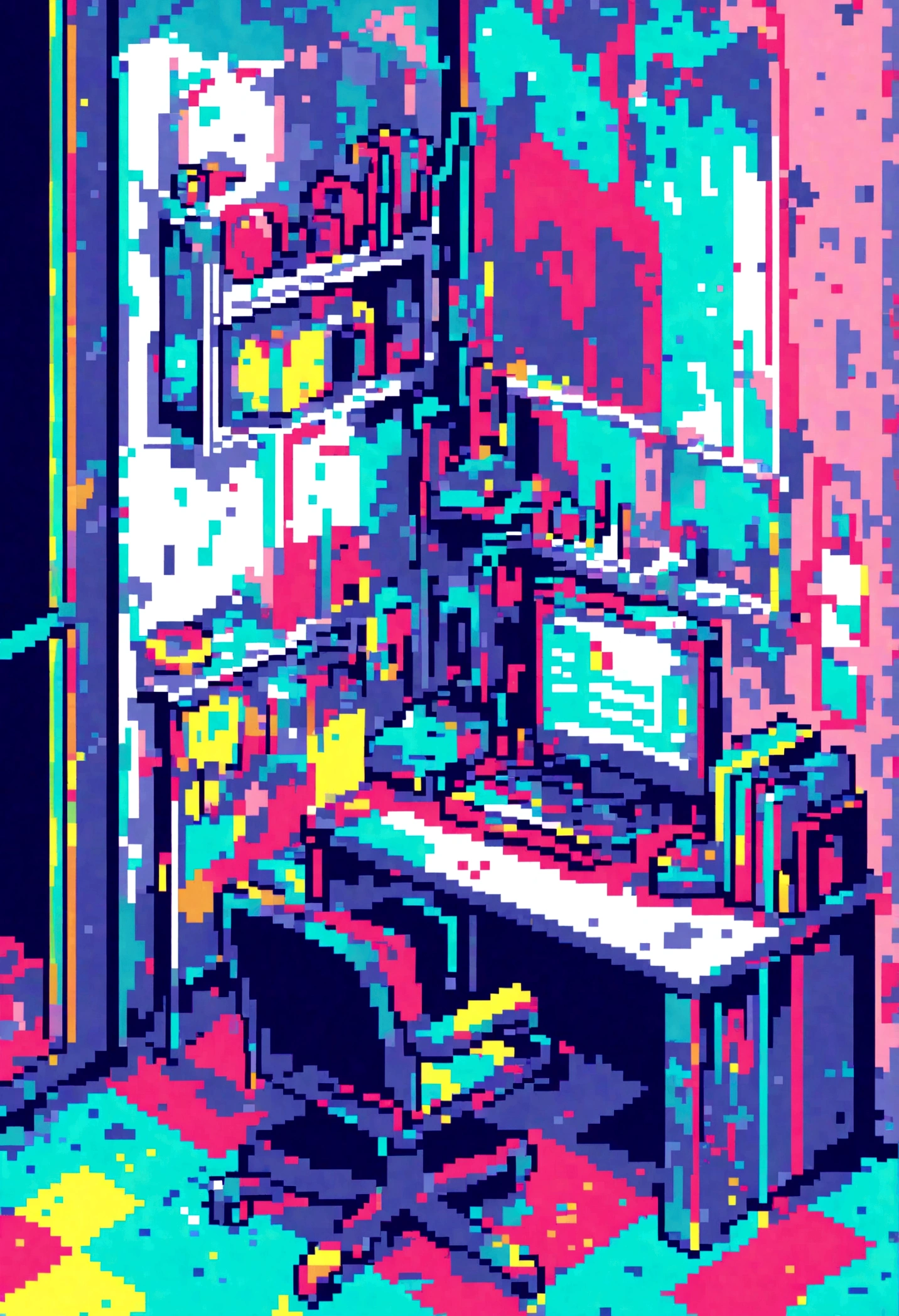 a room with a computer desk and a chair on which a man sits working on a computer, 8-bit color palette, Pixel texture, Pixel Art Style, isometric perspective , section of a room cube
