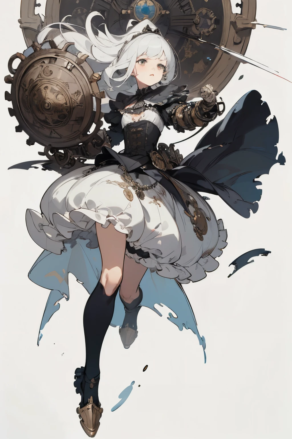((best quality)), ((masterpiece)), (detailed), perfect face ((best quality)), ((masterpiece)), (detailed), blank white background, plain background, white background, Bloodborne inspired, occult aesthetic, occult, detailed and intricate steampunk and detailed gothic, (zentangle, mandala, tangle, entangle), NSFW, torn clothing, Very dramatic and cinematic lighting, cosmic horror, grim-dark, side-lighting, perfect face, a beautiful goddess adorned and enshrined in armour, Bloodborne inspired , occult aesthetic , occult , detailed and intricate steampunk and detailed gothic , wielding a sword and holding a shield, NSFW, Fluttering lace flared short dress with frilly petticoats, knee length dress, pleated petticoats, ta dress, petticoats gothic loliside-lighting, gothic lolita aetic, beautiful small breasts, small breasts, full body, whole body, body, plain background, white background, blank background, no background, white background NSFW, full body, whole body, head-to-toe