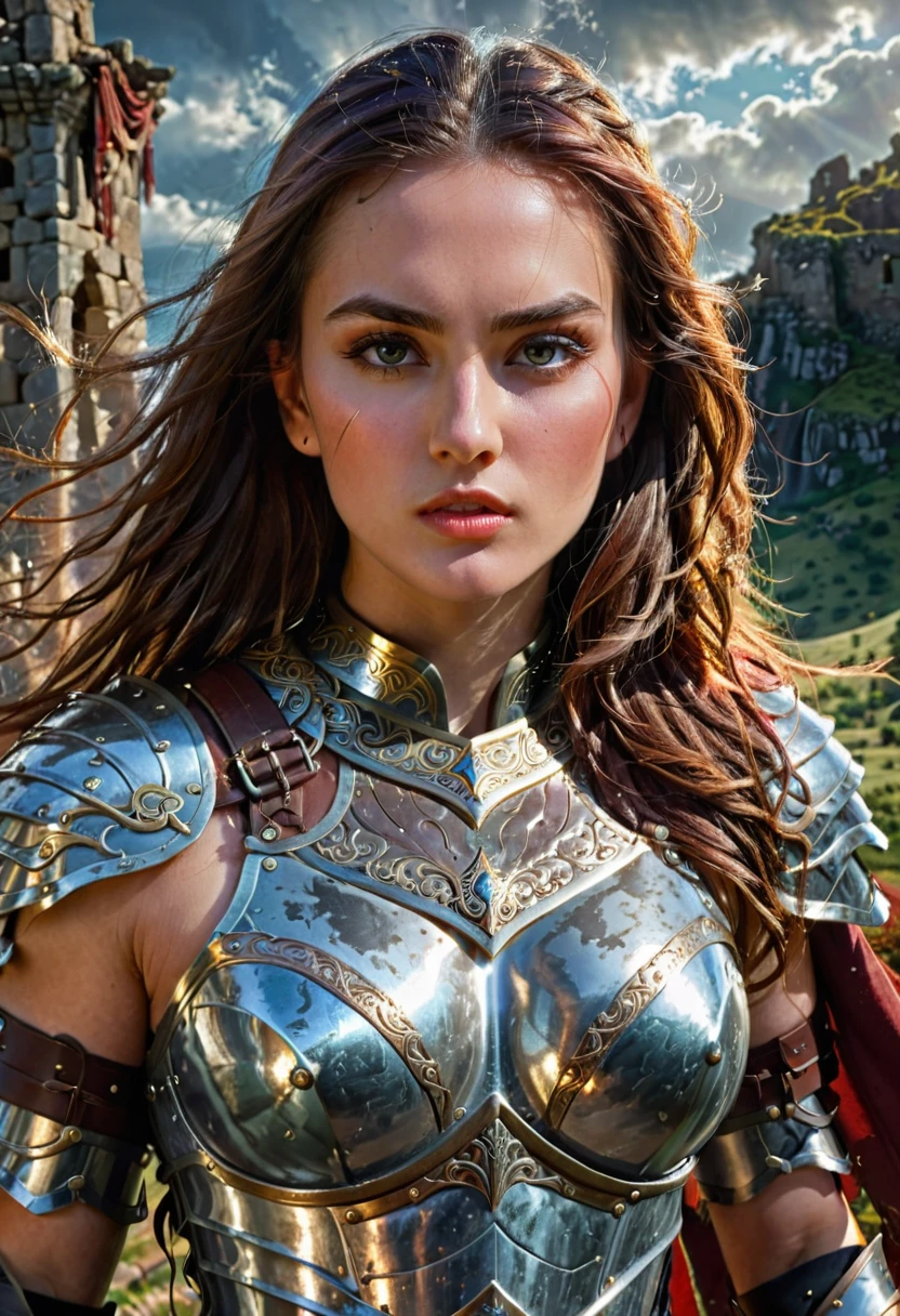 Female Warrior, a female warrior, intricate armor, detailed facial features, piercing eyes, sharp nose, full lips, long eyelashes, flowing hair, fierce expression, powerful stance, brandishing a sword, epic fantasy landscape, rolling hills, ancient ruins, sunlight streaming through clouds, dramatic lighting, rich color palette, cinematic composition, award-winning digital art, hyper-detailed, photorealistic, 8k