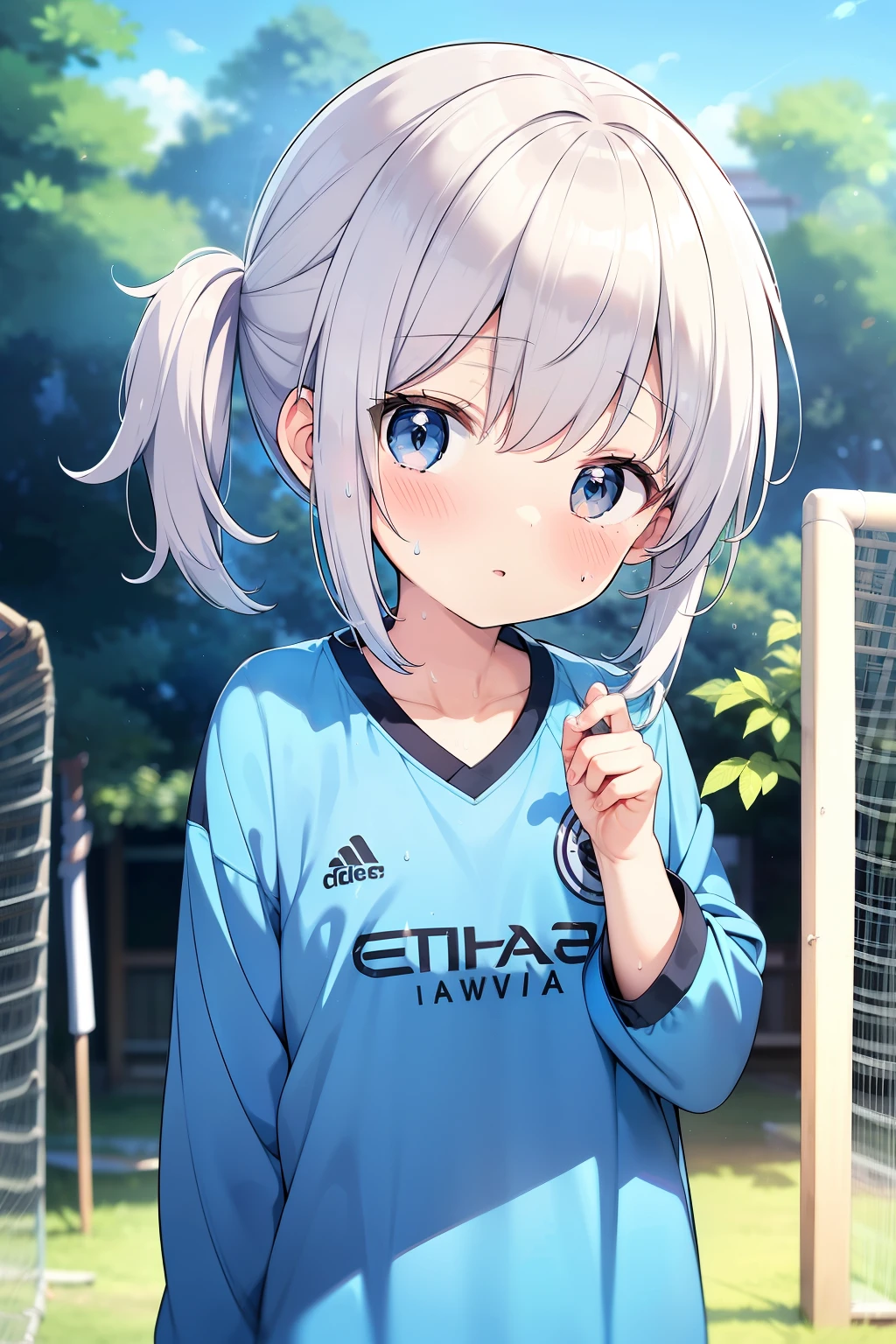 floating hair, light blush, During the game, sweat, half updo, outdoors, project a large area, soccer, manchester city fan, manchester city jersey, Wearing Manchester City uniform, Catch a soccer ball with your chest, japanese cartoon movies, japanese cartoon movies style, 4K, textured skin, super detail, best quality, Awards