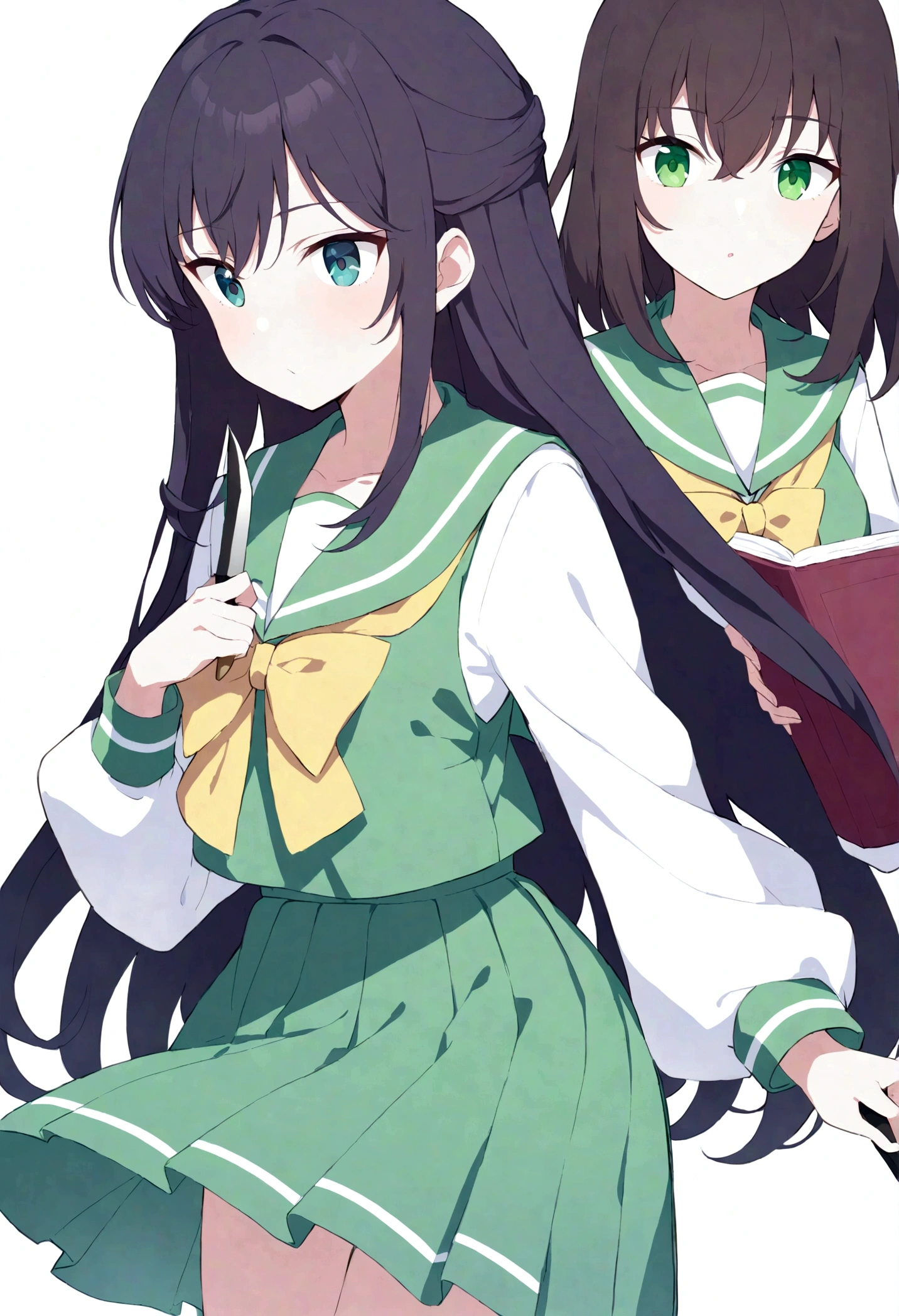 (Daisaku),(Need),(Super meticulous),(full bodyesbian:1.2), there is a woman holding a knife and a book in her hands, 1girl, magical school student uniform, magic school uniform, japanese school uniform, seifuku, japanese girl , ornate dark green clothing, dark green dress, white shirt and green skirt, girl wearing uniform, she wears a dark green dress, jk uniform, , wearing japanese (beautiful detailed face),(Beautiful and delicate eyes),