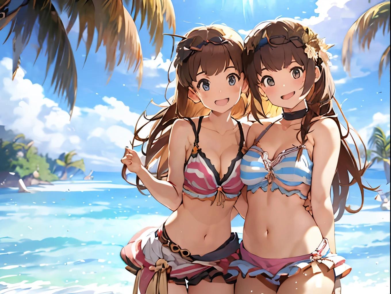 A cute white dress shirt and a skin-tight red-pink topless bra、Her miniskirt rose、Her pink and white striped underwear was revealed.。、Sandy Beach, Sea and Blue、、barefoot、Standing posture、hug、