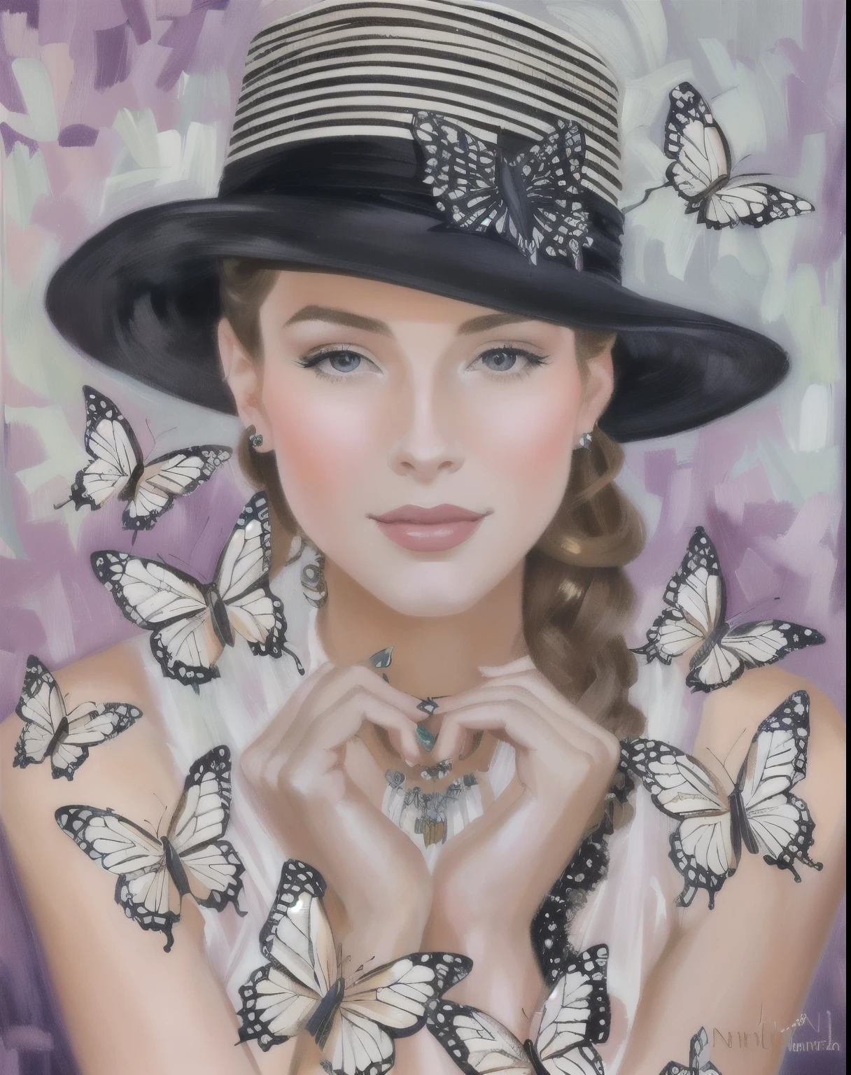 painting of a woman with a hat and butterflies in her hands, gorgeous art, stunning art, inspired by J. C. Leyendecker, inspired by J.C. Leyendecker, fantastic art, mandy jurgens art, by Nil Gleyen, by Elina Karimova, beautiful art, by Jennifer Janesko, woman with hat, amazing art