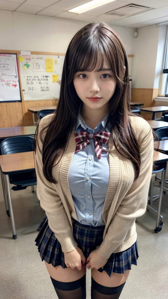 masterpiece, best quality, illustration, Super detailed, fine details, High resolution, 8K,wall paper, perfect dynamic composition,(Details High quality, realistic depiction of eyes:1.3), High School Classroom、High school girl uniform、Cardigan、Super Short Check Uniform Skirt、Navy blue high socks、garterbelts、Colossal tits、Disturbed uniform、straight hair, black hair color, sexy pose, Big Natural Color Lip, bold sexy pose, (perfect body shape), crying a little、Harajuku style、20 year old girl、cute type, beautiful legs, hposing Gravure Idol, Voluptuous thighs