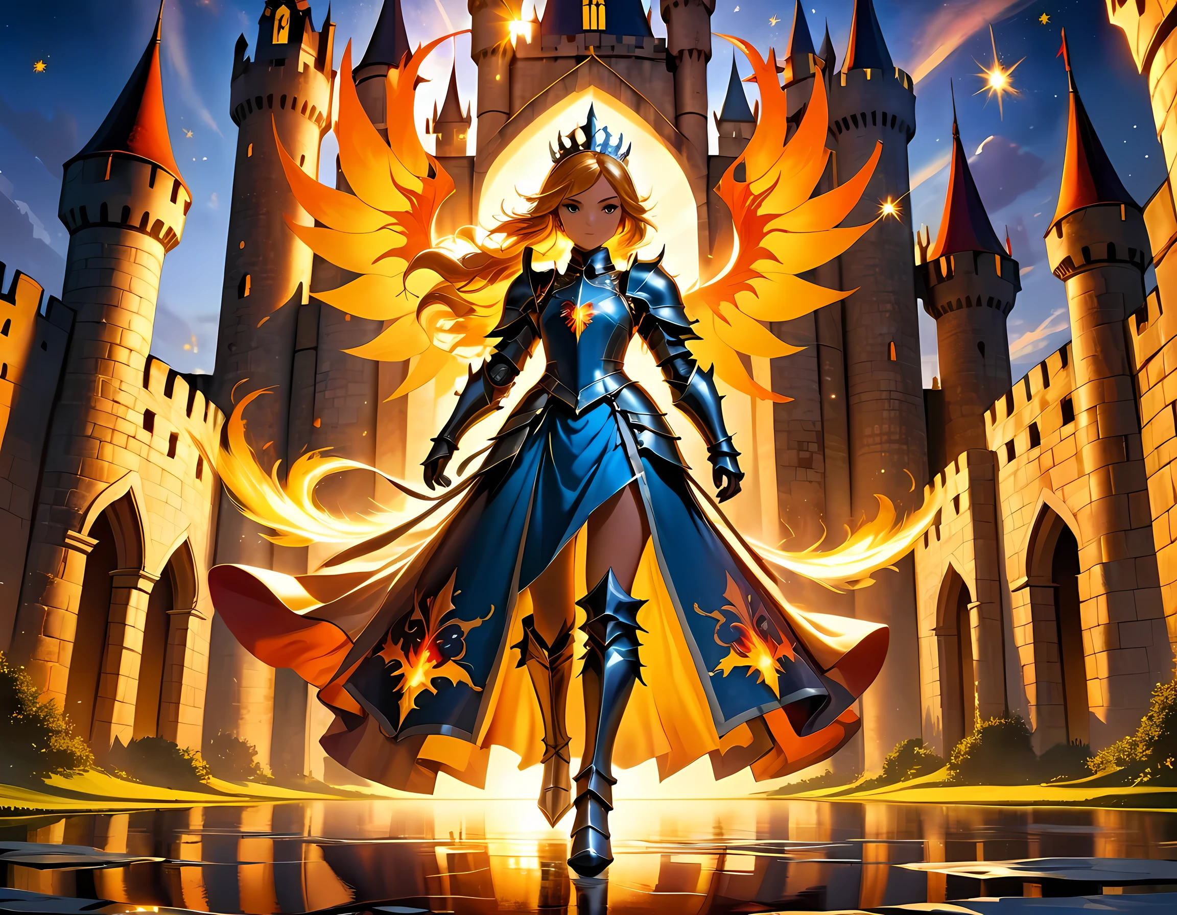16k, ultra detailed, masterpiece, best quality, (extremely detailed), arafed, dnd art, panoramic view, full body, a lady knight standing on the all of the castle as the sun rises, you see only the silhouette of knight, intense eyes, ultra feminine, ultra detailed face, (Masterpiece, intense details:1.5), (anatomically correct: 1.5), determined face, sky are switching day and night, the sun is rising, suns, some stars, rays of dawn, fantasy castle background, Wide-Angle, Ultra-Wide Angle, 16k, highres, best quality, faize, 2.5D rendering, phoenix dress