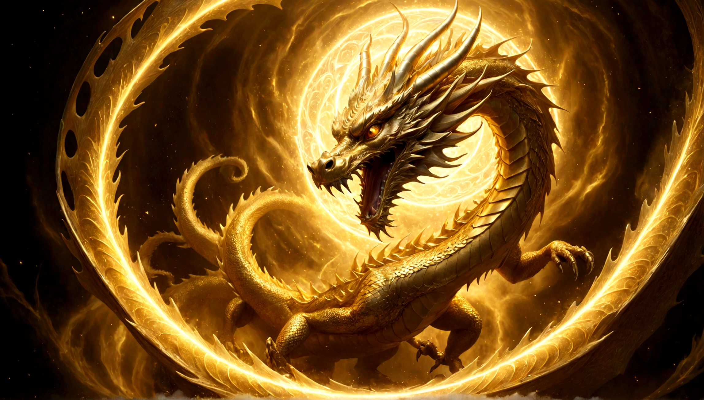 A golden dragon surrounded by a swirl of light flying through the sky