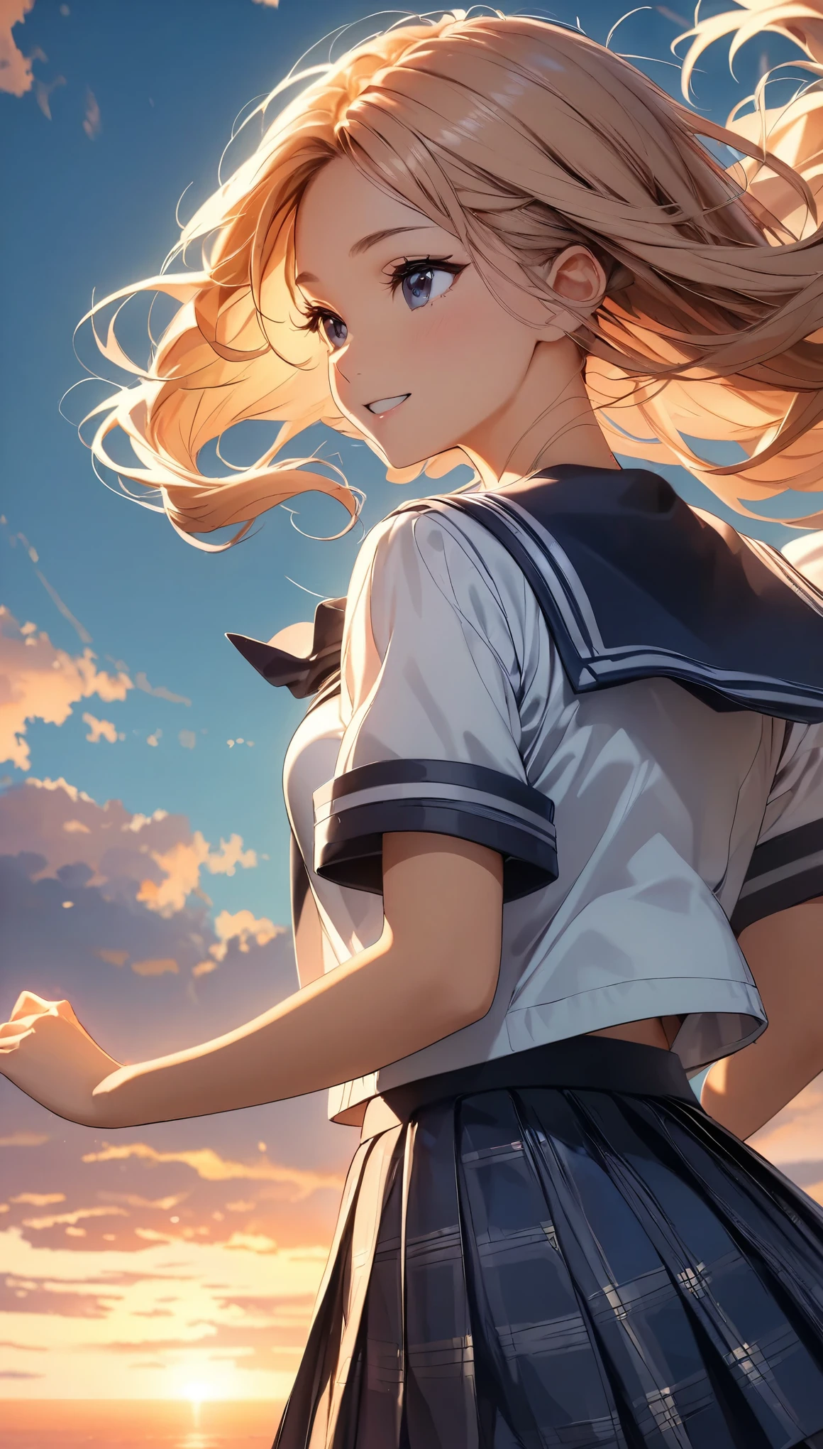 (highest quality:1.2, Very detailed, masterpiece:1.2, highest quality, Best aesthetics), (1 girl), Short-sleeved sailor uniform, Dark blue plaid pleated skirt, Movie stills, ((Cloud Girl, Floating in the sky)), close, bright, Happy, Warm and soft lighting, sunset, Long hair blowing in the wind,