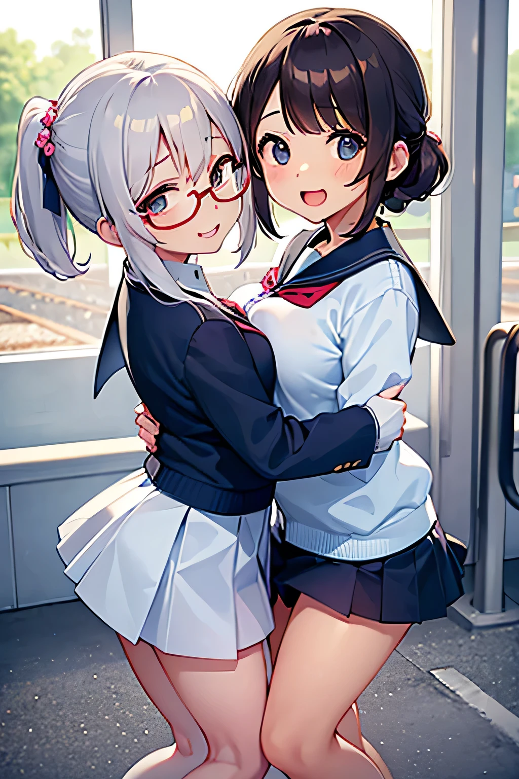 highest quality、High resolution、Detailed Background、(Beautiful face in every detail:1.4)、Anatomically correct、(Detailed facial expressions)、(Detailed eyes:1.2)、age beauty、(Highly detailed face:1.4)、(Huge breasts:1.1)、Cute hair colour、Bobcut、Braided Ponytail、well-groomed eyebrows、Accentuate your breasts、Glasses、White Sailor Suit、Light blue sailor collar、School Cardigan、Checkered pleated mini skirt、White Stockings、On the way to school、Wait for the train at the station platform、(Two beautiful girls having fun:1.5)、Laughter、smile、sexual expression、Please show me your whole body、Playfully hugging、Cute gestures