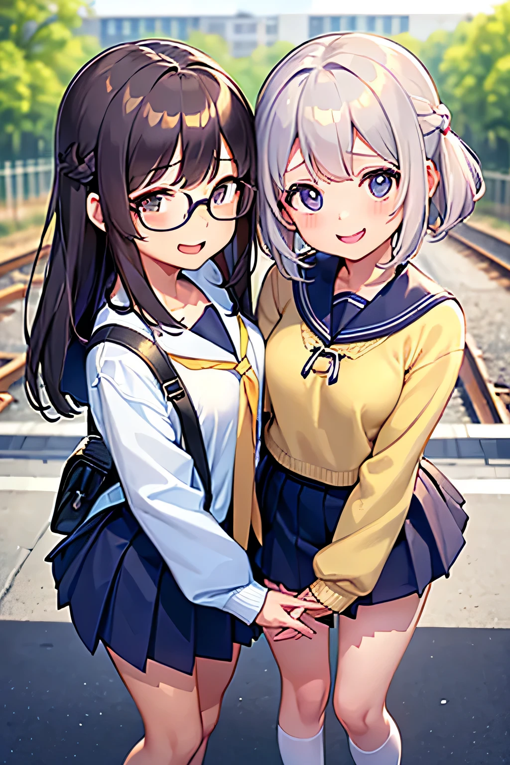 highest quality、High resolution、Detailed Background、(Beautiful face in every detail:1.4)、Anatomically correct、(Detailed facial expressions)、(Detailed eyes:1.2)、age beauty、(Highly detailed face:1.4)、(Huge breasts:1.1)、Cute hair colour、Bobcut、Braided Ponytail、well-groomed eyebrows、Accentuate your breasts、Glasses、White Sailor Suit、Light blue sailor collar、School Cardigan、Checkered pleated mini skirt、White Stockings、On the way to school、Wait for the train at the station platform、(Two beautiful girls having fun:1.5)、Laughter、smile、sexual expression、Please show me your whole body、Playfully hugging、Cute gestures