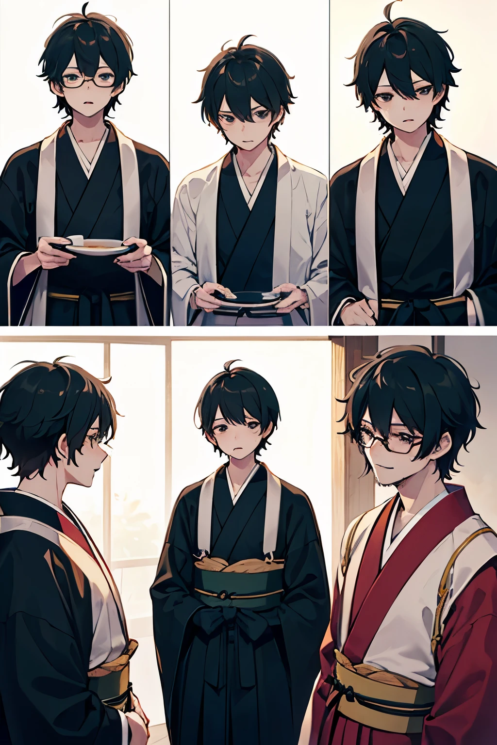 1man, A Male character, alone, Black Hair, Adult, so Messy hair, short hair, sleepy, Glasses, Japanese clothing, Hakama, black eyes, Bright Eyes, clumsy, nice, positive, tired, ikemen, good looking, beautiful, masterpiece, highest quality, Pleasant personality, detailed, 4K, High resolution, goatee, age 40, lack of sleep, waistup, standing, bad-looking, bad guy
