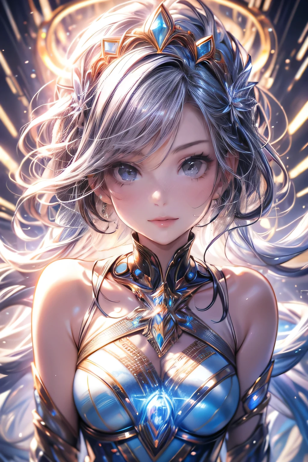 fantasic illustration, warp effect, masterpiece:1.2, highest quality, highres, 16k, beautiful detailed, ultra-realistic, photo realistic:1.37,  beautiful girl who transcends time and space, through the subspace field connecting circular stargates,  posing of passing through a stargate, growing glay eyes, shining pupils, blushed cheek, shiny rosy lips, beautiful delicate(hair, face, eyes, pupils, stargate)