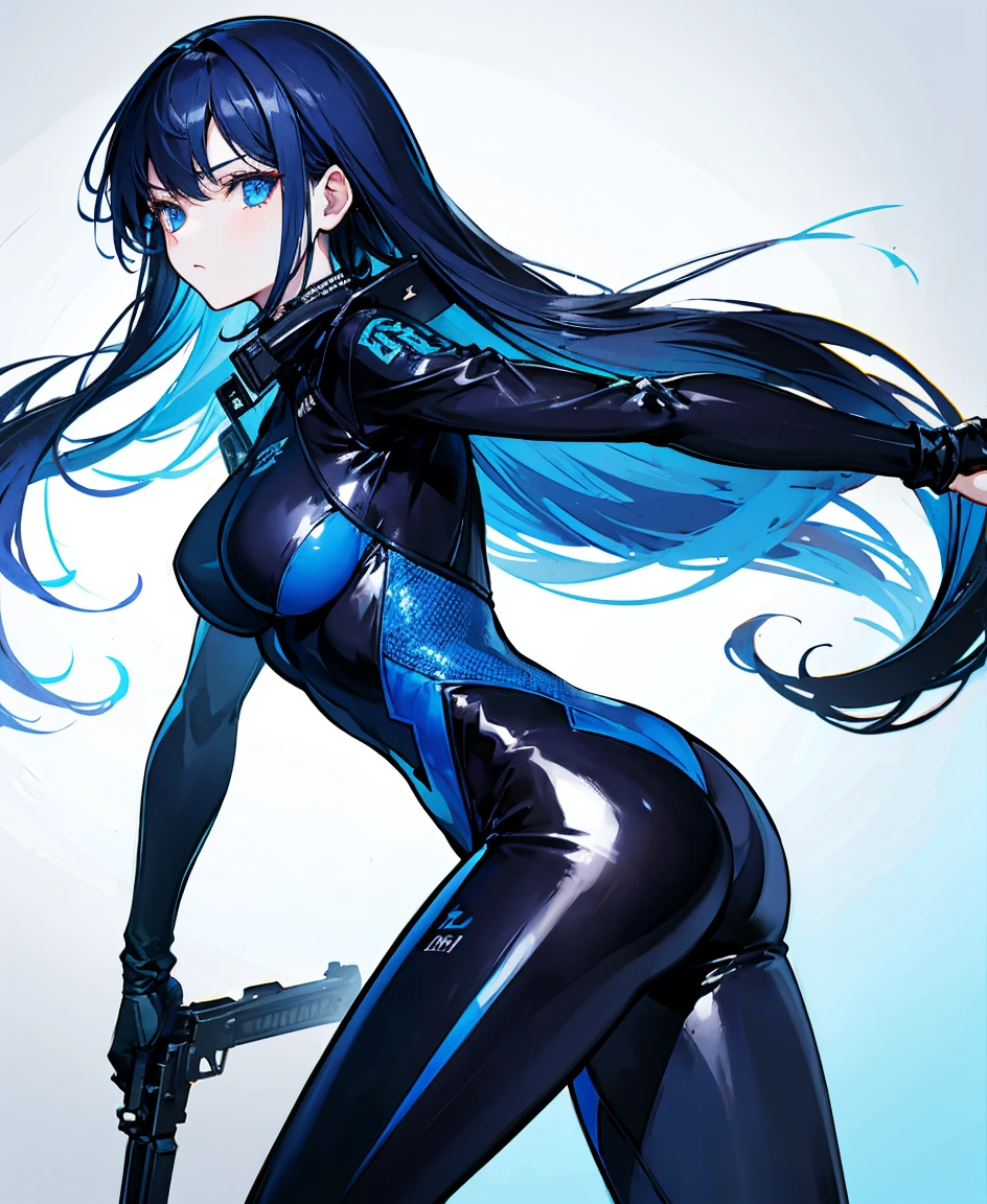 There is no background,girl,Carry a firearm,Patent leather tight suit,Use of firearms,Navy blue long hair,attention arousal,Blue colored eyes,No gradients