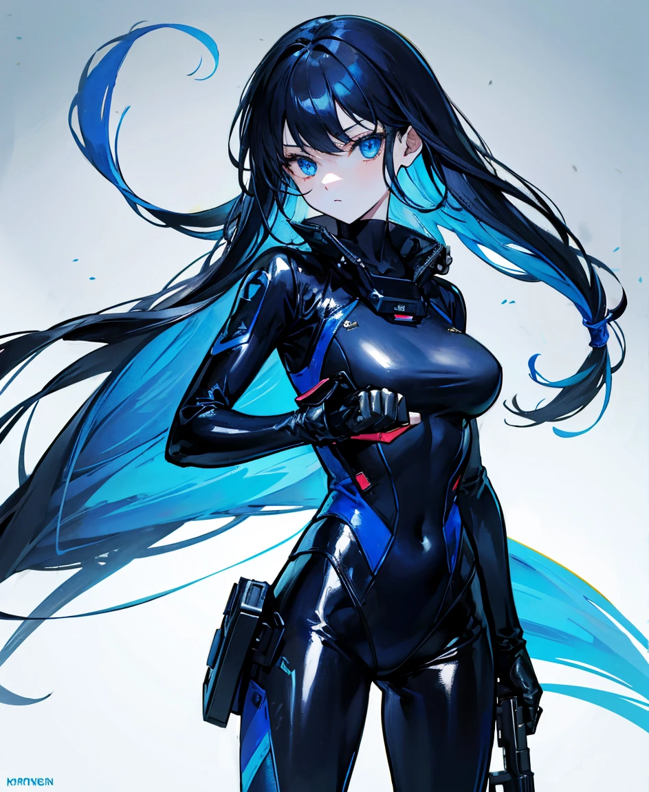 There is no background，girl，Carry a firearm，Patent leather tight suit，Use of firearms，Navy blue long hair，attention arousal，Blue colored eyes,No gradients