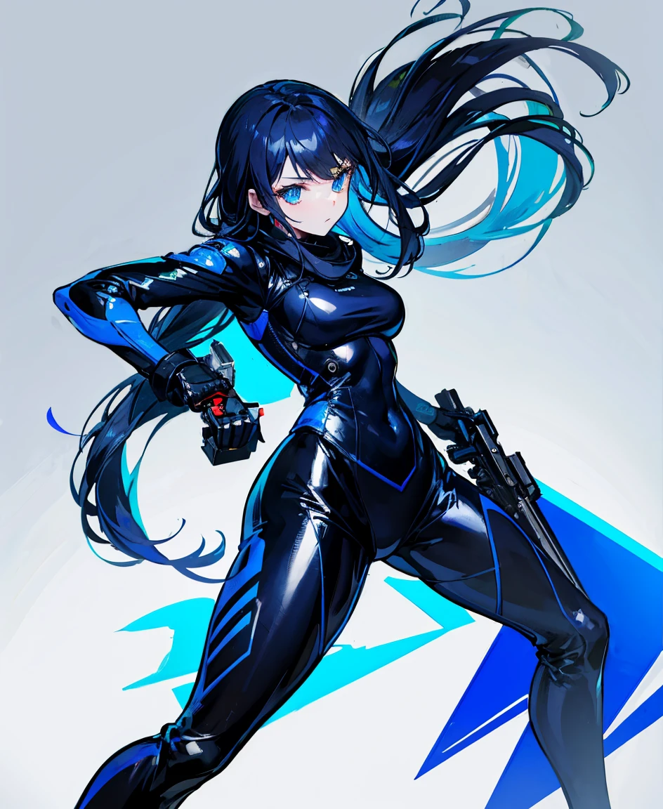 There is no background,girl,Carry a firearm,Patent leather tight suit,Use of firearms,Navy blue long hair,attention arousal,Blue colored eyes,No gradients