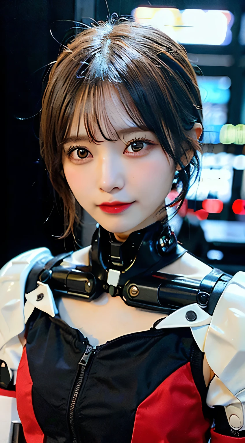 (On the table:1.3), (The best of cinematic quality:1.2), (Very detailed settings:2), (soft+Artistic lighting), (1 Boylou Short Hair, (Eyes+of+red:1.4), (Variegated eyes+Heterochromia iridis), Wear cyberpunk clothes, Futuristic, technology, street of scenery (Robots around)0.4], give a dramatic perspective.