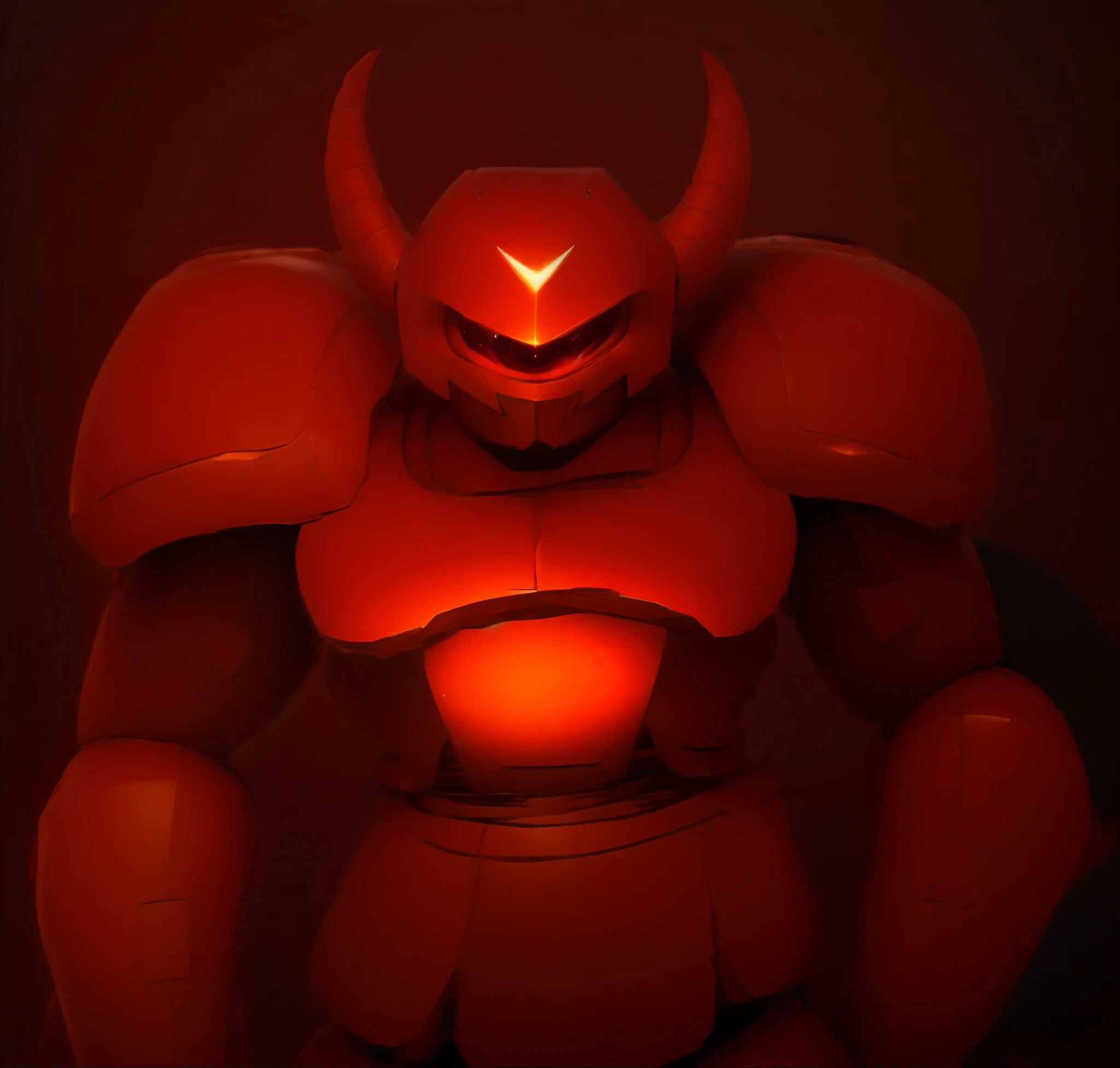 Robot, red mono eye, red body, high quality, golden horns on head, heavily armored,Robot, red mono eye, red body, high quality, golden horns on head, heavily armored, reddish-black shoulders, arm armor is an austere shade, sunset background,