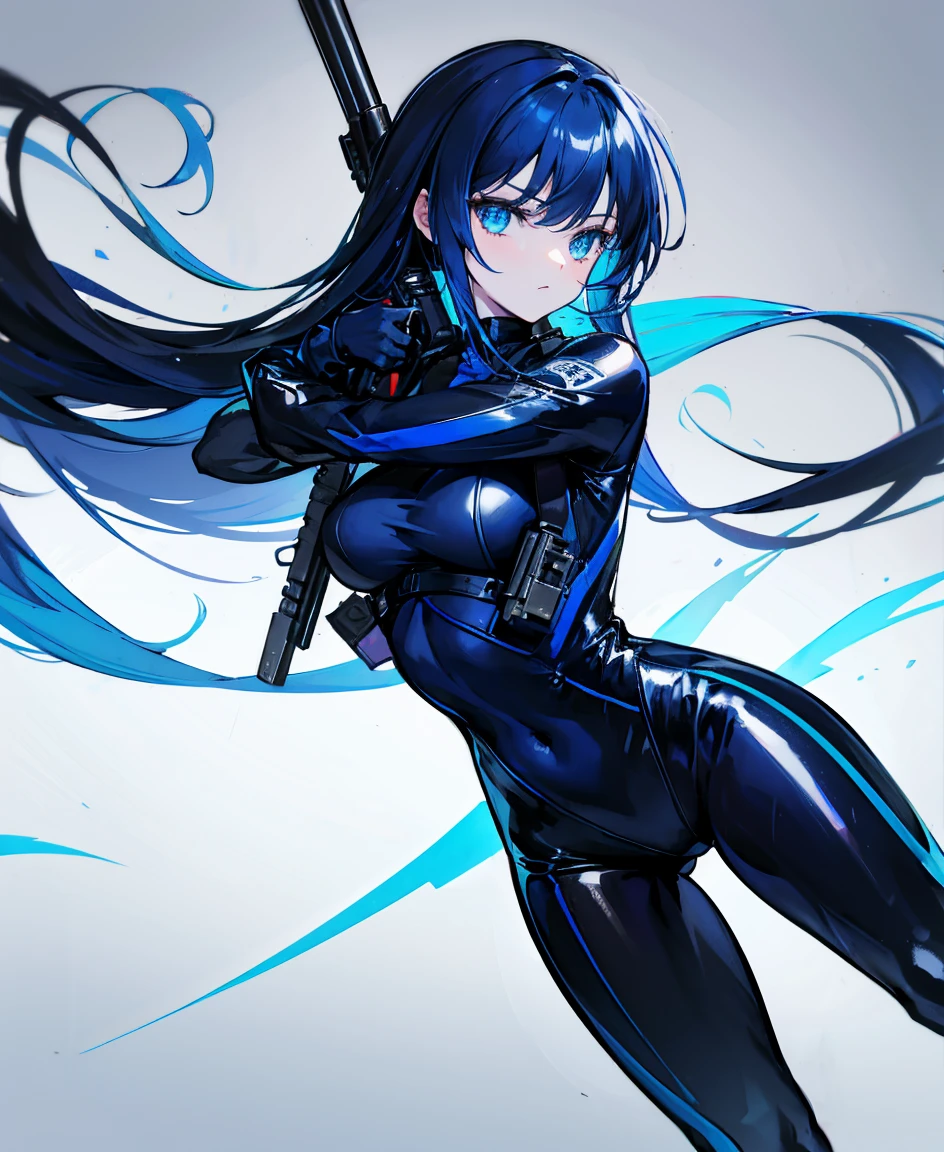 There is no background，girl，Carry a firearm，Patent leather tight suit，Use of firearms，Navy blue long hair，attention arousal，Blue colored eyes,No gradients