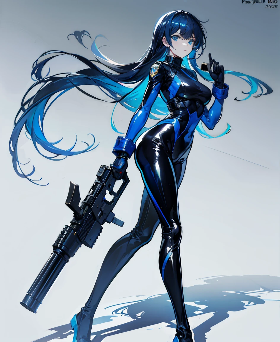 There is no background,girl,Carry a firearm,Patent leather tight suit,Use of firearms,Navy blue long hair,attention arousal,Blue colored eyes,No gradients