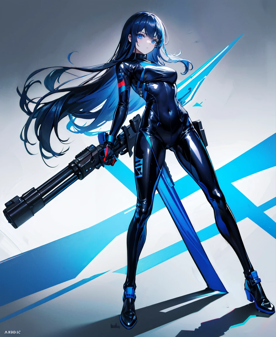 There is no background，girl，Carry a firearm，Patent leather tight suit，Use of firearms，Navy blue long hair，attention arousal，Blue colored eyes,No gradients