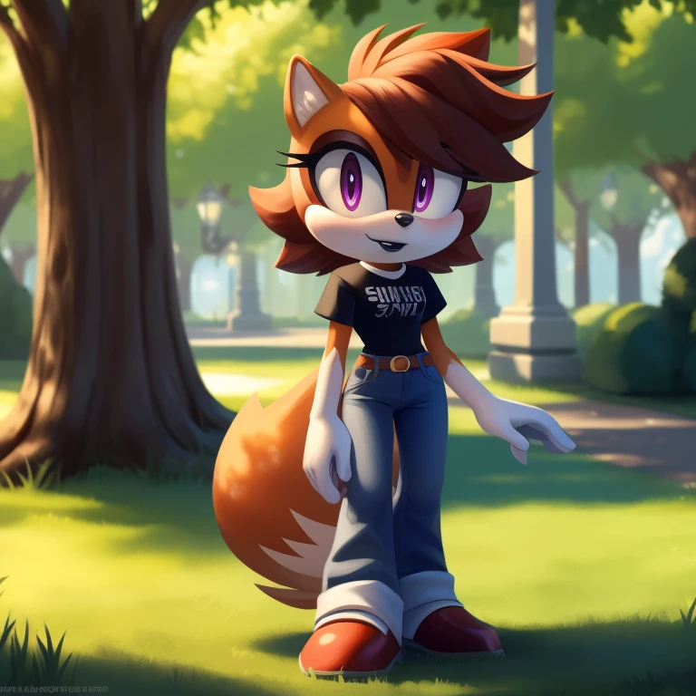 ((masterpiece))+, studio quality, highly detailed, extreme detailed, high quality, max detailed, very detailed, intricate details, detailed shadows, best quality, ultra detailed, cinematic lighting, beautiful lighting, vibrant lighting, global illumination, subsurface scattering, detailed background, sonic_(series), (mobian squirrel)+, small figure, slim waist, brown hair, wavy bangs, short hair, fluffy hair, white fur, violet eyes, black eyelids, t-shirt, jeans, attractive, gorgeous body, black lipstick, (squirrel girl)+, looking at viewer, full body, cowboy shot, sunny, park, path, grass, trees, white ear fluff