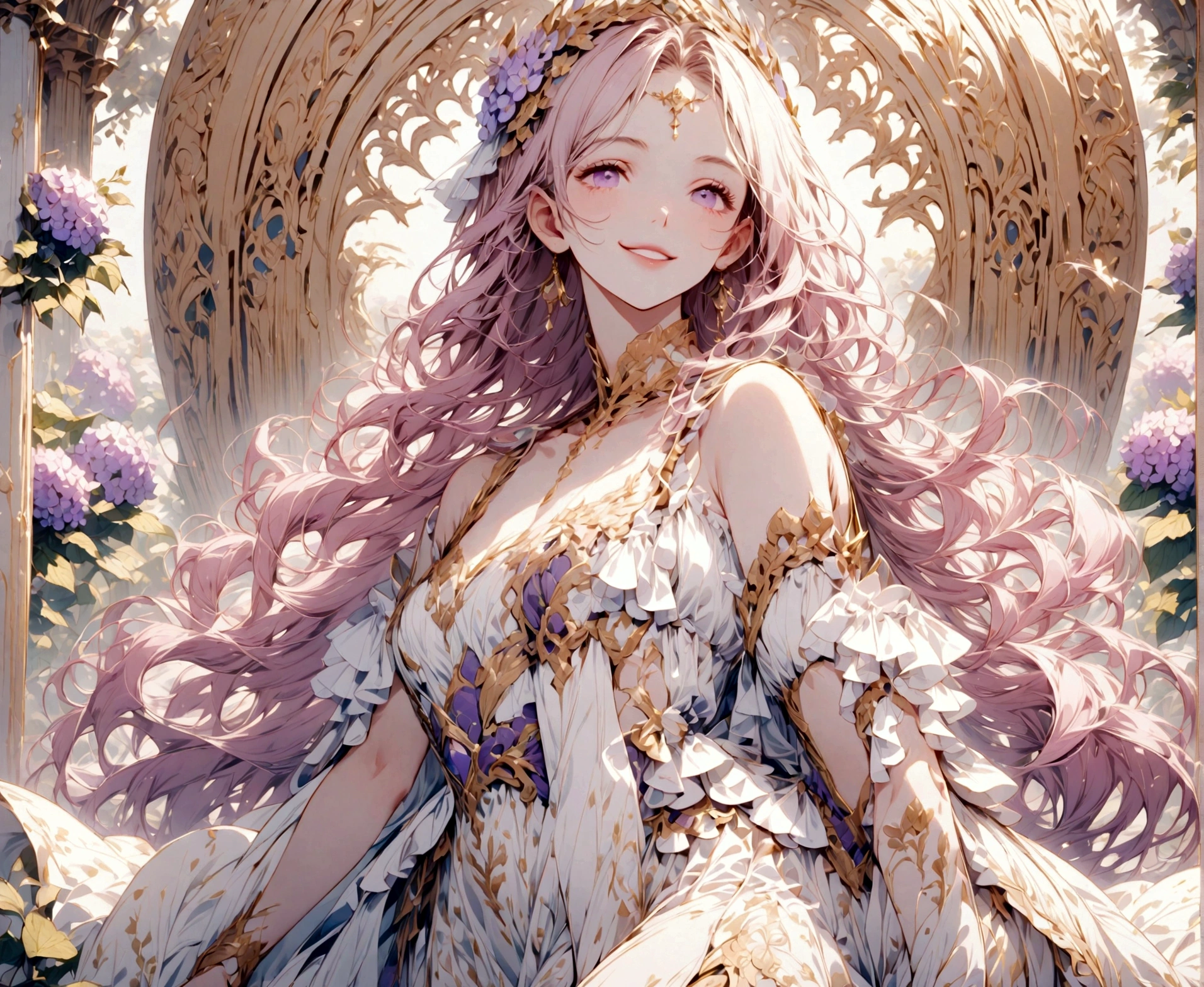 God on a background of pale pink and purple hydrangeas々A beautiful goddess stands alone, smiling gently. Dresses with delicate patterns
