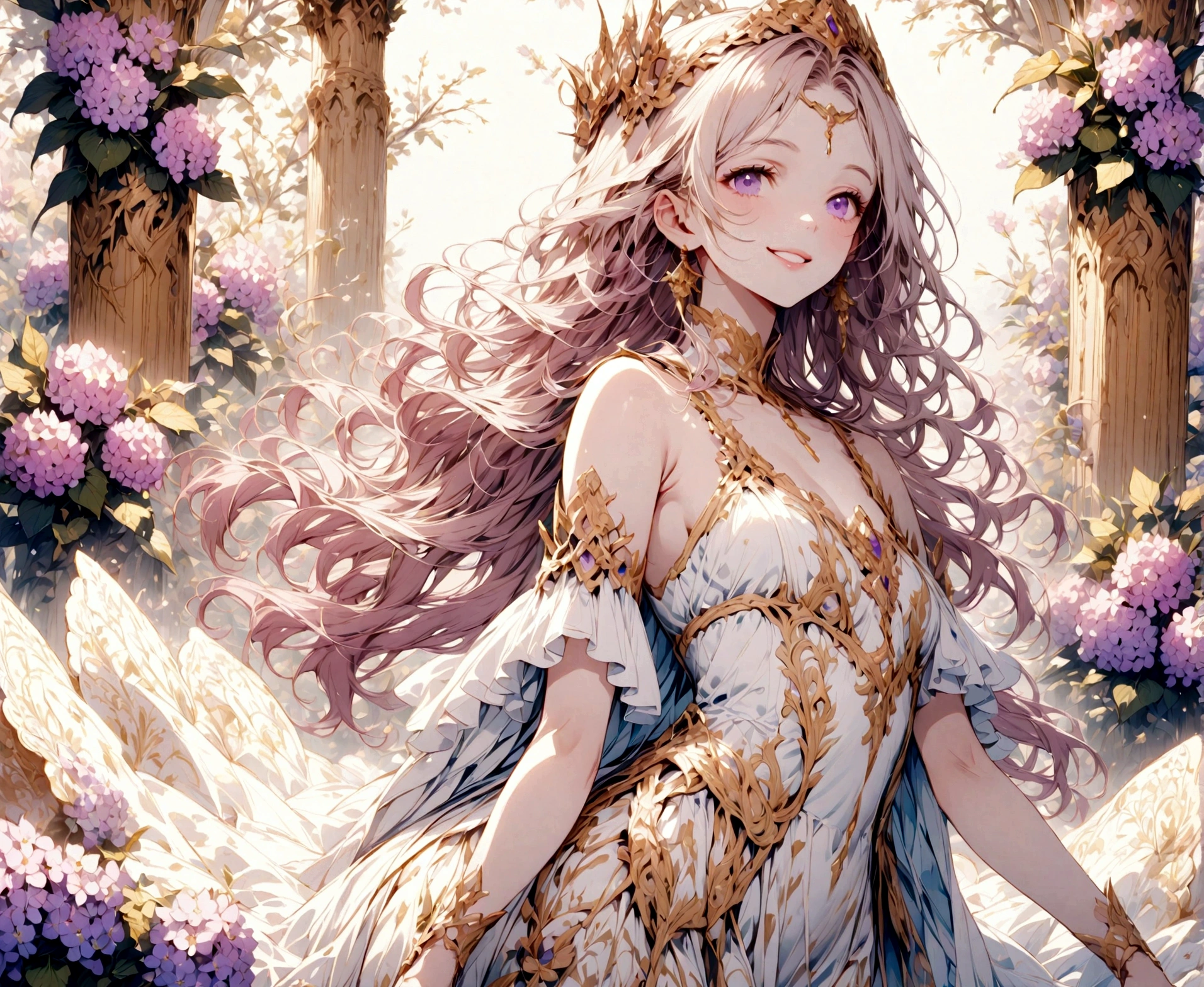 God on a background of pale pink and purple hydrangeas々A beautiful goddess stands alone, smiling gently.　Dresses with delicate patterns