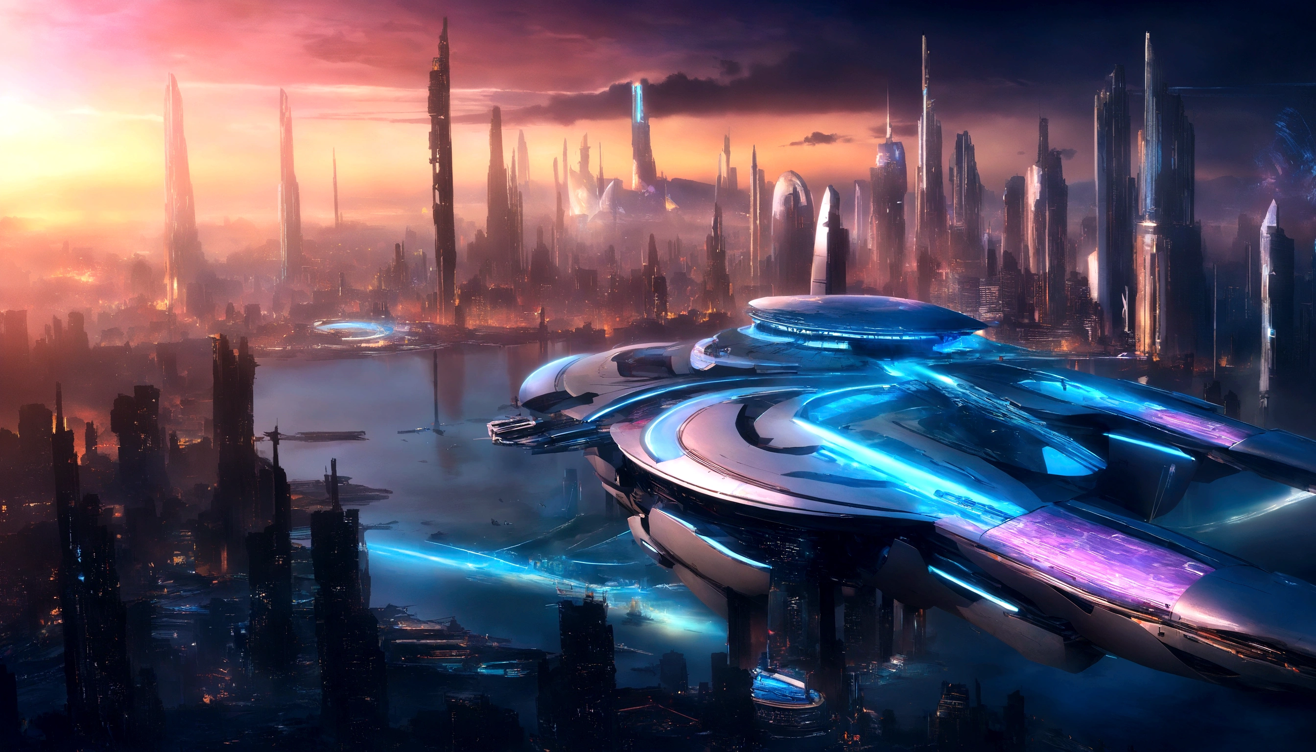 cidade futurista with futuristic train and futuristic buildings at night, arte conceitual futurista, em outras palavras、cidade futurista, in the city of fantasy and science fiction, bela cidade do futuro, futuristic utopian city, 8K resolution concept art, 8K resolution concept art, Cidade do Futuro, porto espacial futurista, arte conceitual 8k, Hollywood sci-fi concept art maximum quality obra-prima
