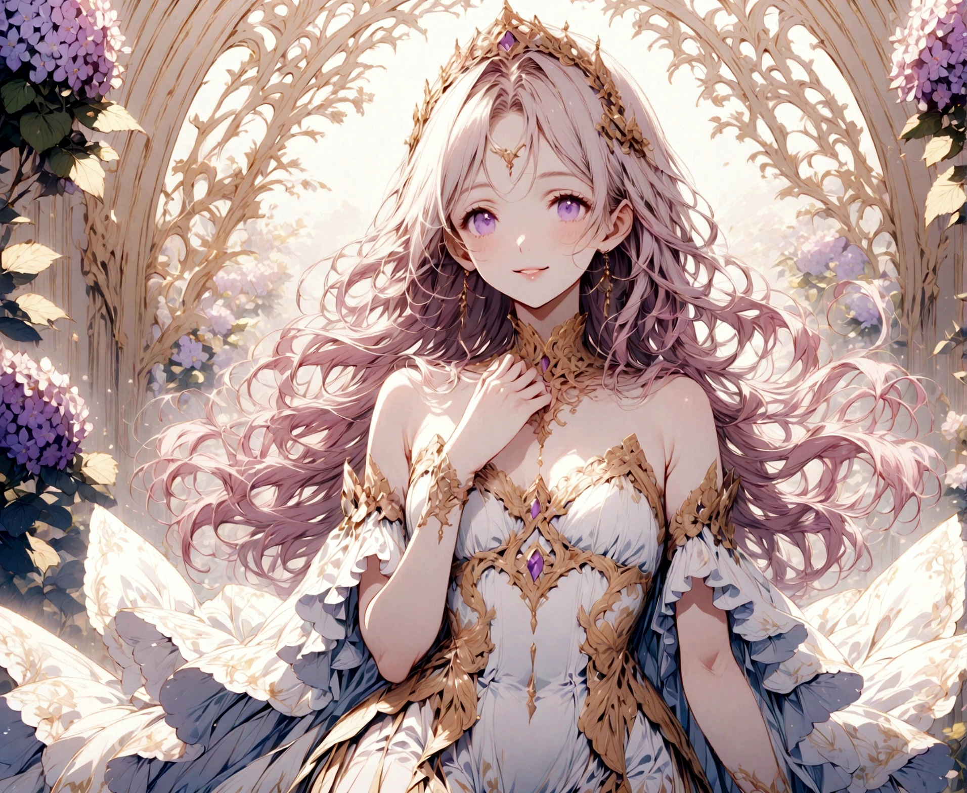 God on a background of pale pink and purple hydrangeas々A beautiful goddess stands alone, smiling gently. Dresses with delicate patterns
