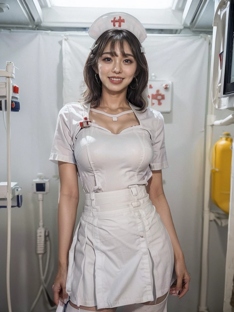 (highest quality、8k、Best image quality)、woman, 20-year-old, Short black wavy hair、((Wearing white nurse clothes:1.5))、((Wearing a tight white skirt:1.5))、Sexy face、((Poses that accentuate the buttocks))、Cute Earrings、(hospital:1.5)、((beautifully shaped buttocks))、((Small breasts、Cleavage、Beautiful Teeth))、The body is slim