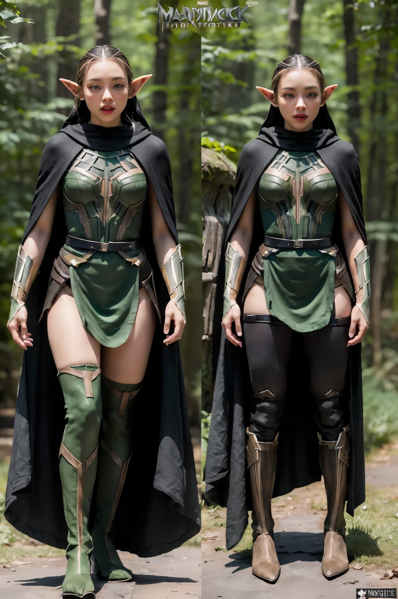 (masterpiece), best quality, expressive eyes, perfect face, ((1 female wood elf)), (green eyes),  fit body, ((black rogue cloak)), pointy ears, full body, ((Marvel's BlackPanther inspired costume)),1 girl, 
, (CharacterSheet:1), (, reference sheet:1)