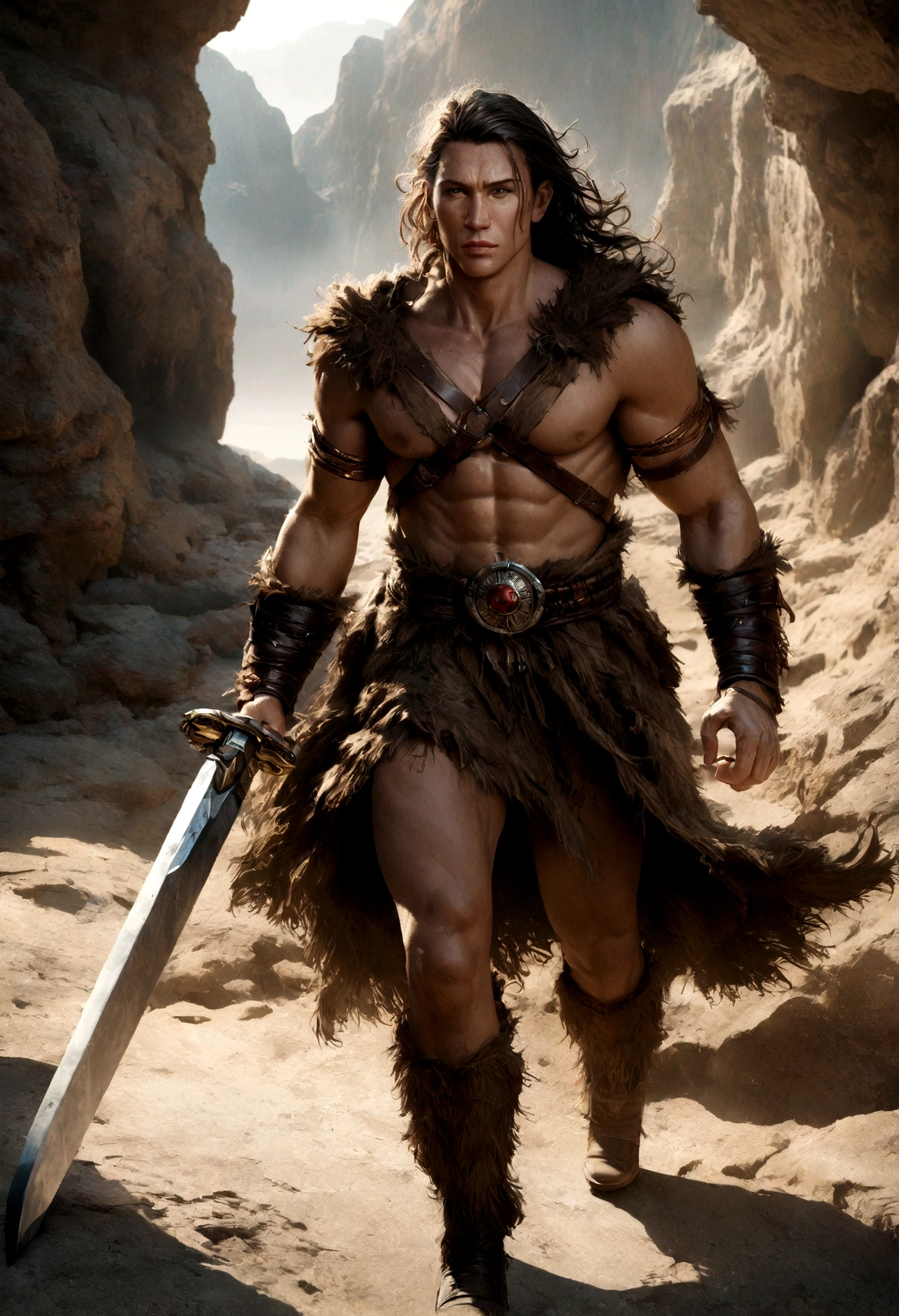 arnold schwarzenegger as conan the barbarian, muscular male protagonist, heroic posing, leather armor, large sword, rugged landscape background, dramatic lighting, cinematic composition, high contrast, vivid colors, (best quality,4k,8k,highres,masterpiece:1.2),ultra-detailed,(realistic,photorealistic,photo-realistic:1.37),cinematic lighting, chiaroscuro, gritty, hyper-detailed