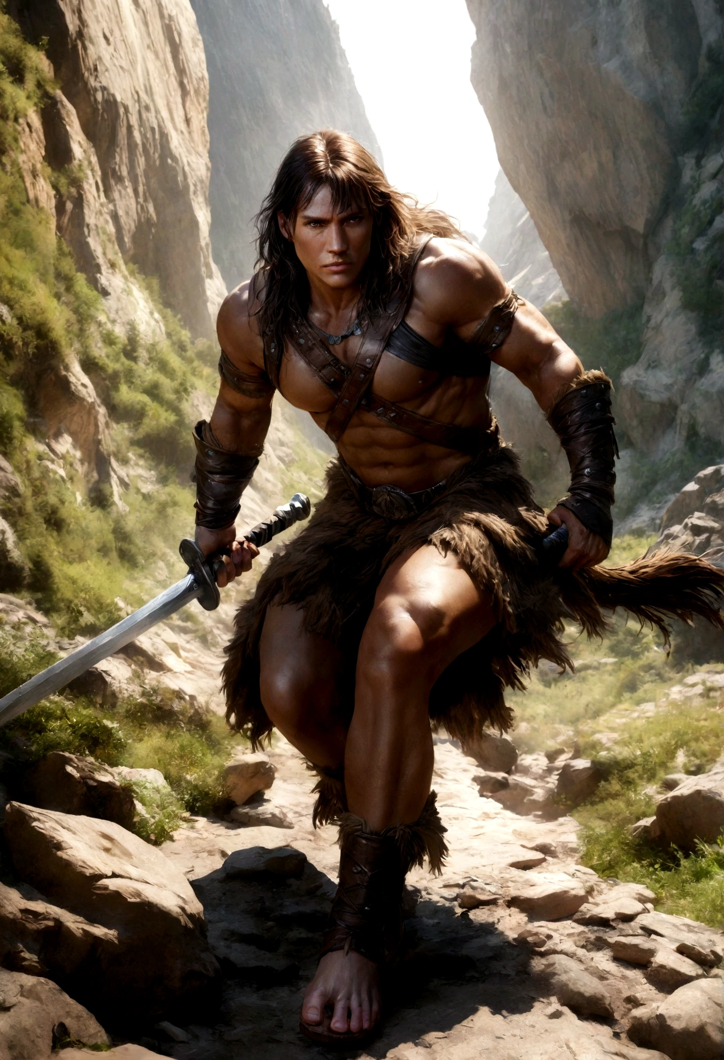 arnold schwarzenegger as conan the barbarian, muscular male protagonist, heroic posing, leather armor, large sword, rugged landscape background, dramatic lighting, cinematic composition, high contrast, vivid colors, (best quality,4k,8k,highres,masterpiece:1.2),ultra-detailed,(realistic,photorealistic,photo-realistic:1.37),cinematic lighting, chiaroscuro, gritty, hyper-detailed