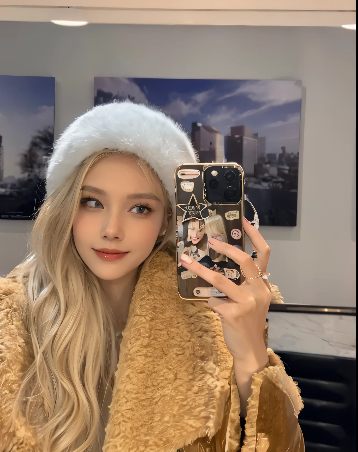 Blonde woman taking selfie wearing fur coat and hat, selfie of young woman, 8k selfie photo, # oc, #oc, Blackpink's Roseanne Park, She is holding a smartphone, perfect white hair girl, Portrait of Blackpink Josh, Twice's Tzuyu, Larissa Manoban of Blackpink, Avamax, Larisa Manoval