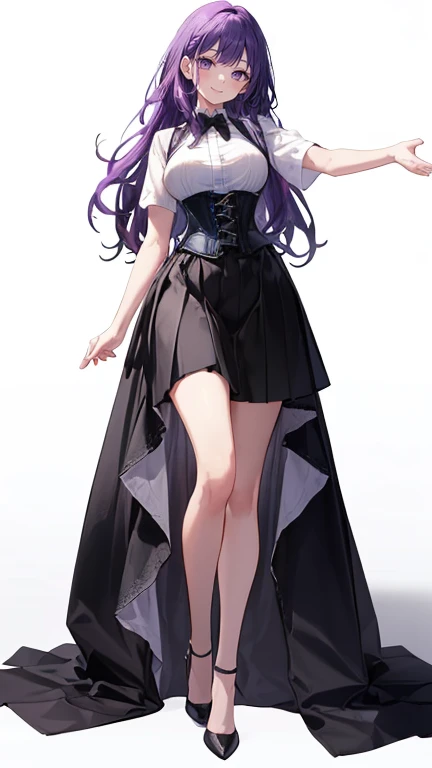 Purple Hair,Long Hair,Adult female,White Y-shirt,((Roll up her sleeves)),((Roll up your sleeves)),corset,Black tight skirt,High heels,(Simple white background,smile),((Arms outstretched)),((Stand with your feet shoulder-width apart)),((full body)),