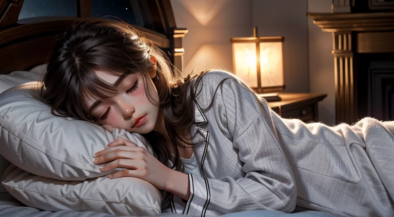 Sleeping teenage girl posing on a white bed, Put your head on the pillow, Dark night sky in mountain cave, Turn off the light, Turn off the lamp, 22 years old, Ultra-realistic, She is wearing pajamas, Brown Hair. Perfect hands and perfect fingers.