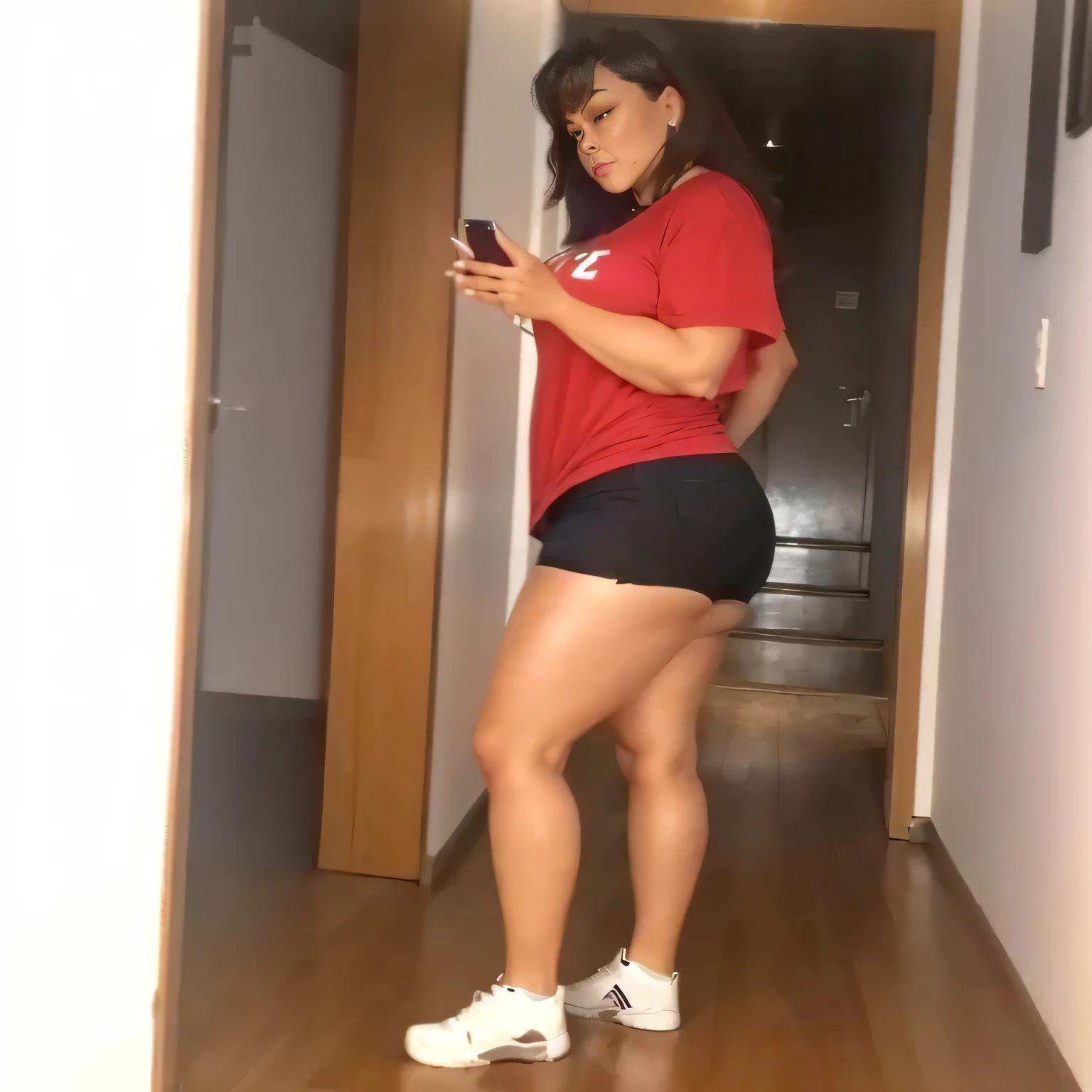 there is a woman standing in a hallway using a cell phone, wearing shorts and t shirt, wearing red shorts, in shorts, thighs!!!, exposed thighs!!!, thighs!!!!!!, thick legs, wearing black shorts, she is about 50 years old, she is about 6 0 years old, massive legs towering over you, good hips and long legs, full legs