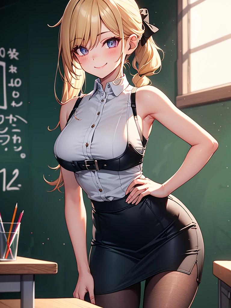 (highest quality, High resolution, perfect pixel, Depth of bounds written, 4K), upper body, (chair), (looking down), (detailed eyes), (1 lady), tall, (skinny body:1.2), (thin thighs:1.2), (Narrow hips:1.2), (teacher:1.2), (white collared shirt:1.2), (sleeveless:1.2), middle breasts, blond hair, (ponytail:1.2), (black pencil skirt1.2), (high waist), (side slit), (pantyhose:1.2), (standing:1.2), (hand on hip), (arm up:1.3), (leaning forward:1.2), contrapposto, (seductive smile), 