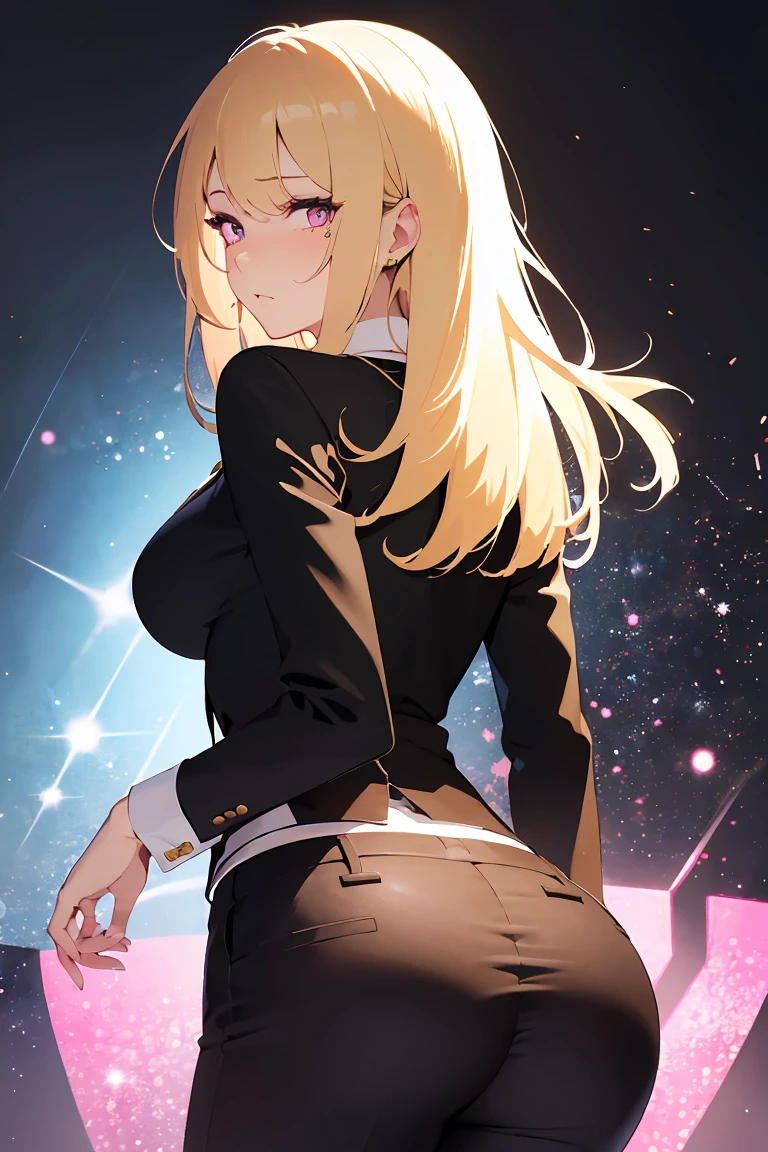 masterpiece, absurdres, best quality, ultra detailed, high Resolution, detailed illustration, bright colour, (extremely beautiful detailed face and eyes, Delicate beautiful face, 1 girl, cute face:1.3), (magenta eyes:1.1), sparkling eyes, big eyes, medium breasts, (perky breasts:1.1), (pointy breasts:1.1), medium hips, glamorous body, white skin, BREAK, asymmetry long bob cut, (blonde hair:0.8), messy hair, detailed hair, shiny hair, BREAK (skinny slacks, Buttocks:1.5), perfect lighting, (embarrassed:1.5), (ecstasy, vulgarity:1.5), (trembling:0.8), From behind,