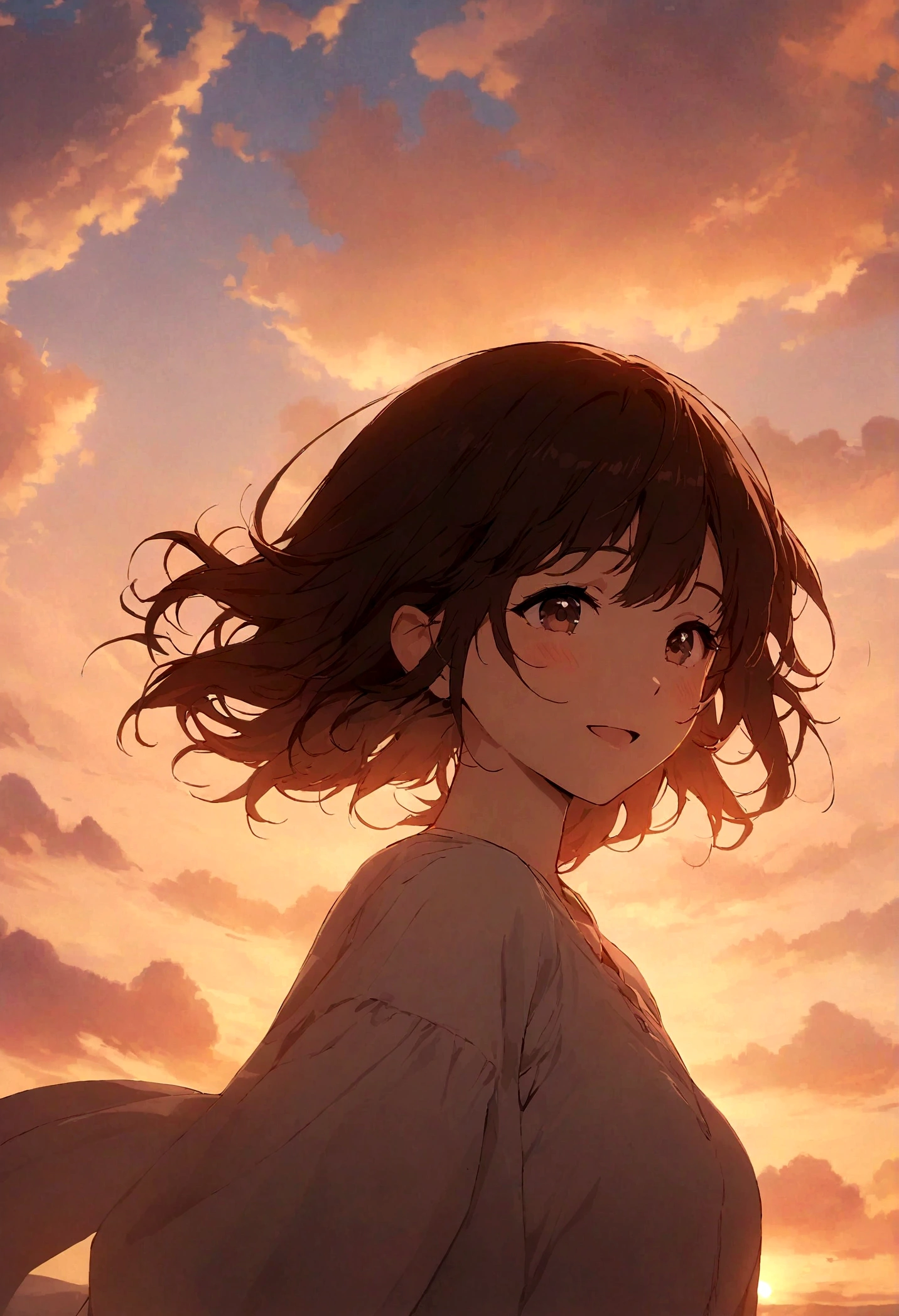 masterpiece, highest quality, Movie stills, One girl, Cloud Girl, Floating in the sky, close, bright, Happy, Warm and soft lighting, sunset, (spark:0.7)