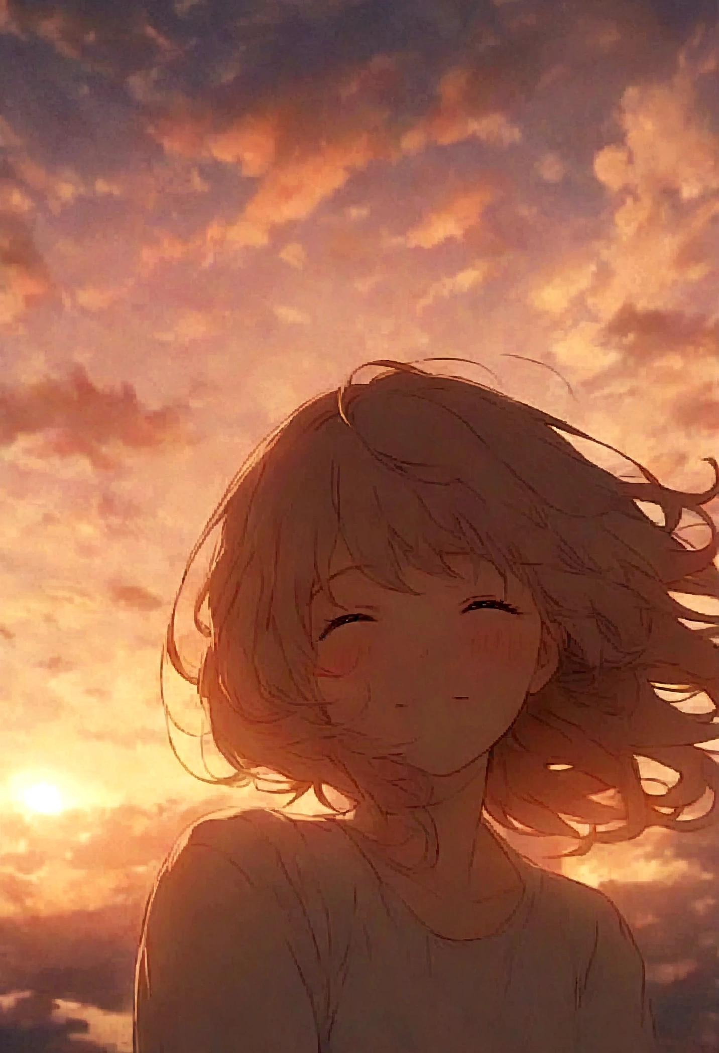 masterpiece, highest quality, Movie stills, One girl, Cloud Girl, Floating in the sky, close, bright, Happy, Warm and soft lighting, sunset, (spark:0.7)