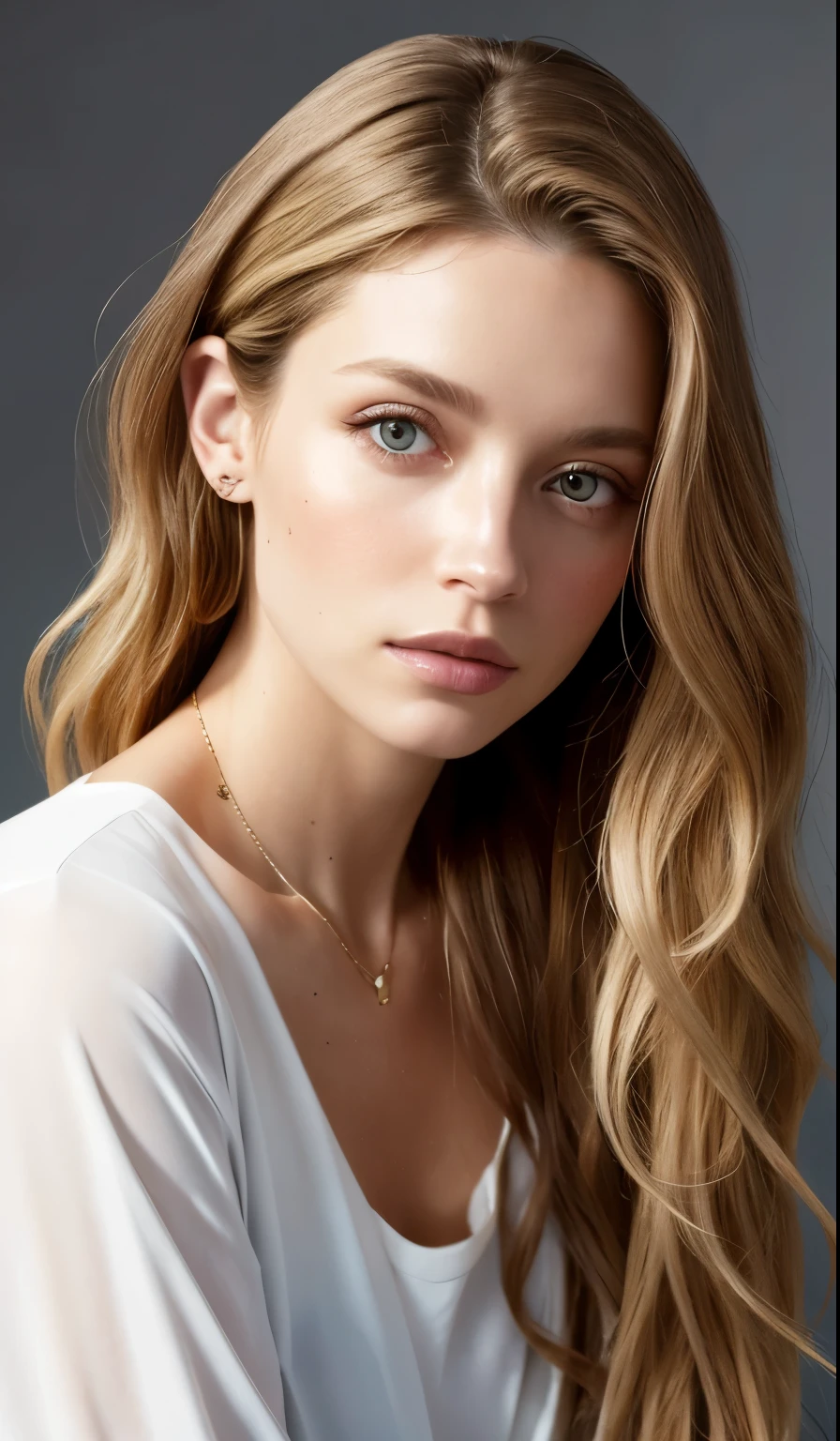 a woman with long hair and a white shirt posing for a picture, Portrait of Sophie Mudd, Brunette with dyed blonde hair, Jodi Bateman, Sydney Sweeney, Daniela Uurig, No makeup, wavy hair, nodded, Ellie Victoria Gale, Bernardini&#39;s Olivia, Sidney Hanson, Very beautiful face, Profile photo, Miranda Kerr, Gorgeous and attractive face