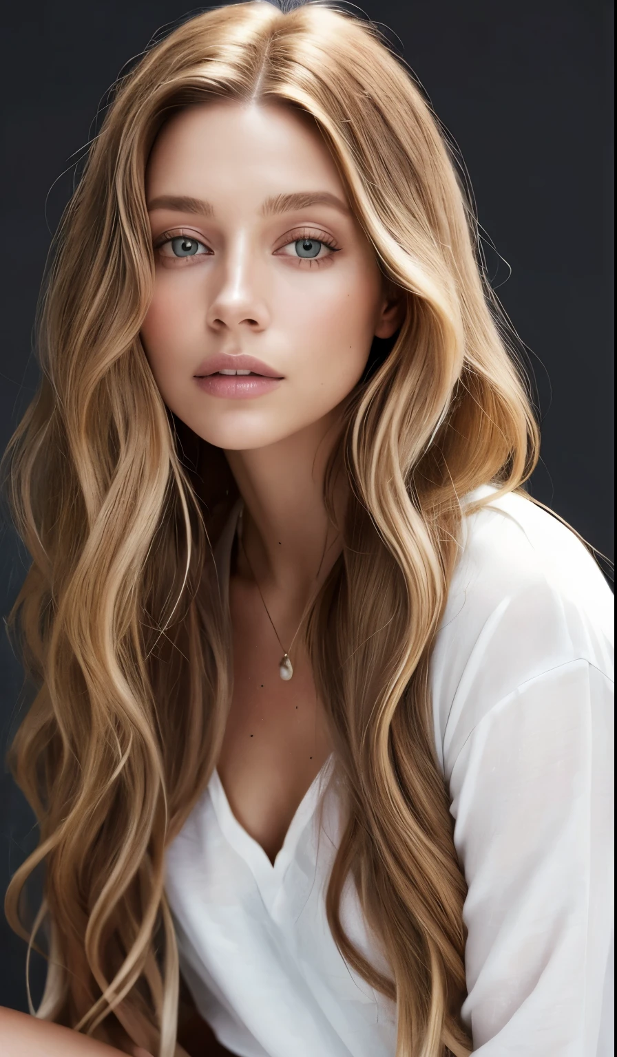 a woman with long hair and a white shirt posing for a picture, Portrait of Sophie Mudd, Brunette with dyed blonde hair, Jodi Bateman, Sydney Sweeney, Daniela Uurig, No makeup, wavy hair, nodded, Ellie Victoria Gale, Bernardini's Olivia, Sidney Hanson, Very beautiful face, Profile photo, Miranda Kerr, Gorgeous and attractive face