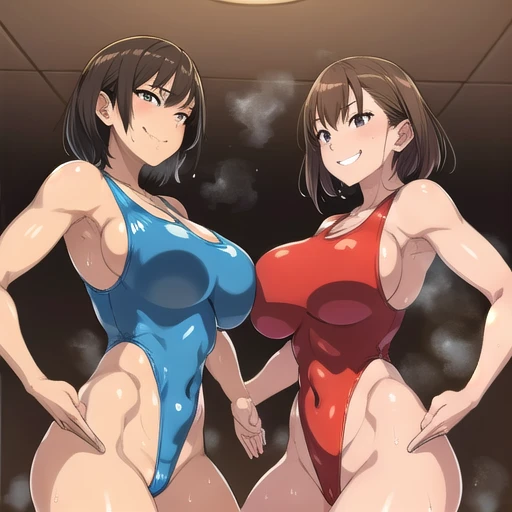 ratex leotard,smile,detailed,big ,2woman,wet,steam,Brown skin,showing face,touching breast