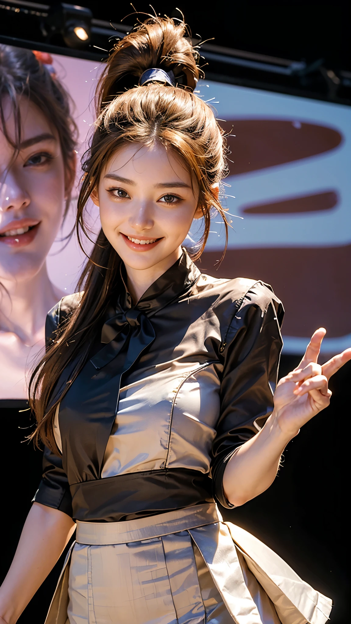 highest quality, masterpiece, Ultra-high resolution,16k,(((Face Focus:1.6))) (Realistic:1.6),((Portrait of a smiling person with their mouth wide open)) , ((Slender body)),RAW Photos, 1 girl, 22 years old,((Blouse and tight skirt)),((Ponytail and hair tie)),,((Looking up at the audience)),((Smiling with teeth showing)),