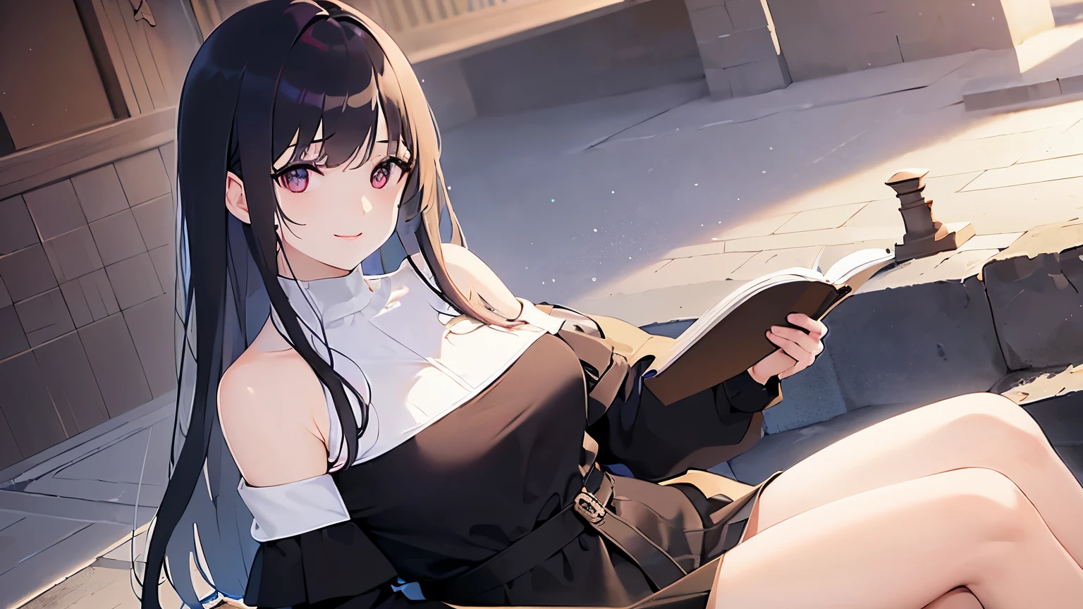 View Viewer,Detailed CG, Ultra-fine illustrations, masterpiece,highest quality, RAW Photos, Realistic,Upper Body,break(White Off Shoulder Blouse:1.5)break, (Pale skin:1.2), Shiny skin, Shiny Hair、(A 26-year-old woman with straight hair and bangs)and(Medium Hair)and(Black Hair)and(Purple eyes) ,(Upturned eyes:1.5)and(smile:1.5)and(Open your mouth),hand on own chest,Biologically correct５refer to,refer toがない,The background is the city,alone,Reading a book,I have a book,mini skirt,Attractive legs,Reading a book