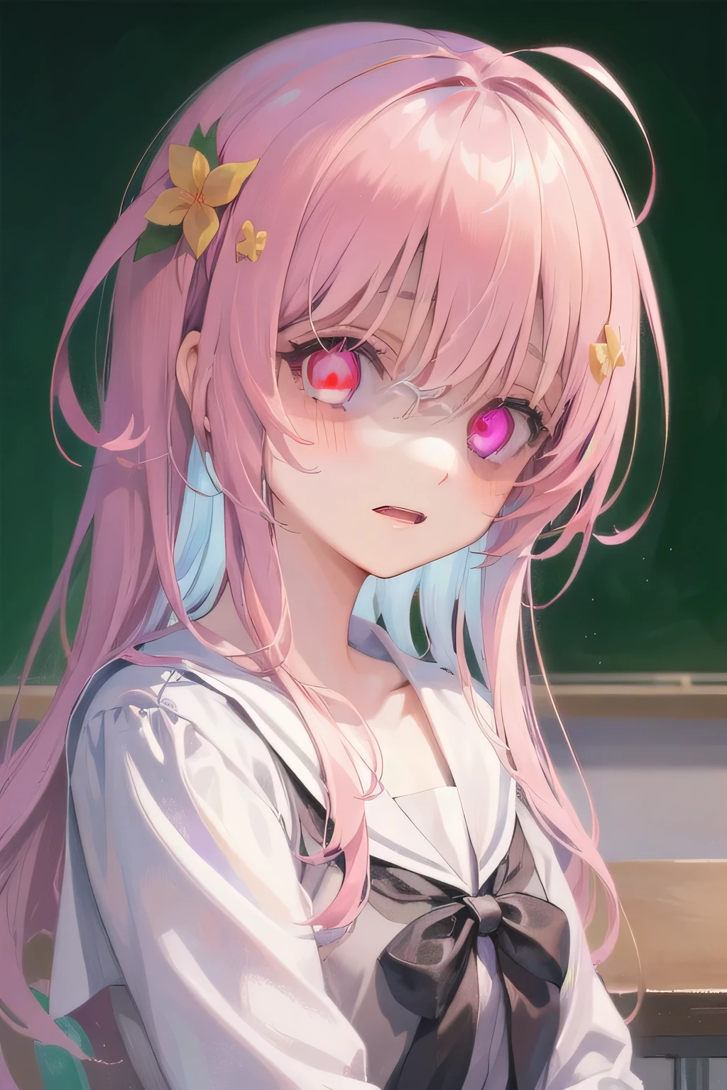 (Tabletop:1.0), (highest quality:1.4), (High resolution:1.2), From the side,Sharp contours, boyish, highest quality, masterpiece,Glasses,Voice of the Heart,yandere,Browsing Caution,classroom,nude,facial,Excessive ,Chest to chest,Upper Body,Ecstasy,saliva,blush,Squint your eyes,Heterochromia iridis