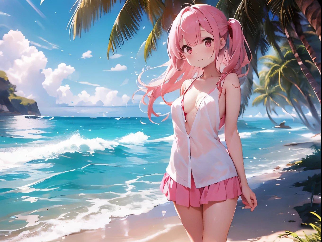 A cute white dress shirt and a skin-tight red-pink topless bra、Her miniskirt rose、Her pink and white striped underwear was revealed.。、Sandy Beach, Sea and Blue、Big Breasts、barefoot、Standing posture、hug、