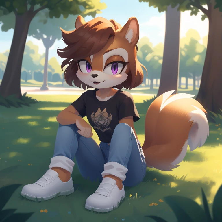 ((masterpiece))+, studio quality, highly detailed, extreme detailed, high quality, max detailed, very detailed, intricate details, detailed shadows, best quality, ultra detailed, cinematic lighting, beautiful lighting, vibrant lighting, global illumination, subsurface scattering, detailed background, sonic_(series), (mobian squirrel)+, small figure, slim waist, brown hair, wavy bangs, short hair, fluffy hair, white fur, violet eyes, black eyelids, t-shirt, jeans, attractive, gorgeous body, black lipstick, (squirrel girl)+, looking at viewer, full body, cowboy shot, sunny, park, path, grass, trees, white ear fluff