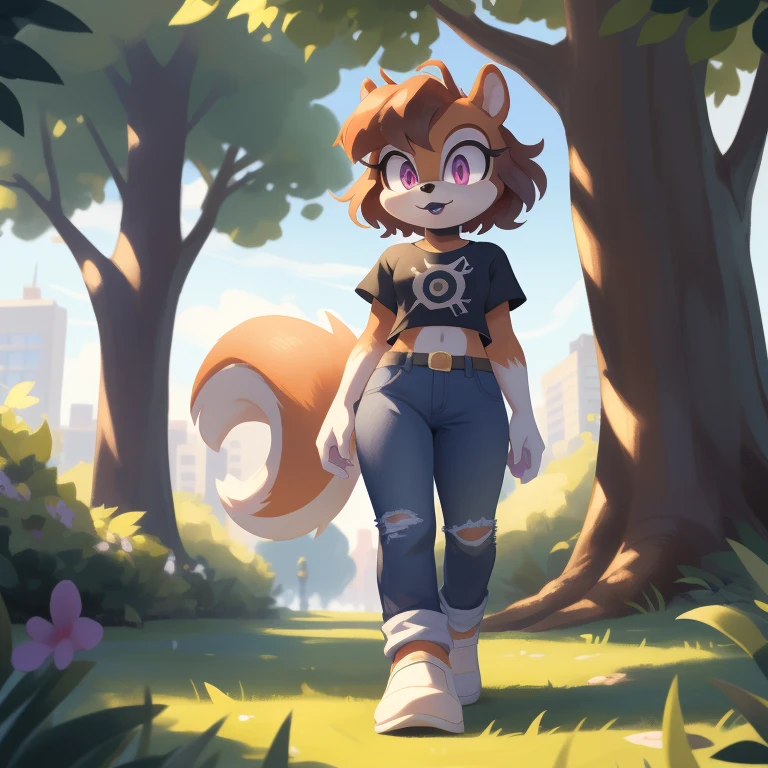 ((masterpiece))+, studio quality, highly detailed, extreme detailed, high quality, max detailed, very detailed, intricate details, detailed shadows, best quality, ultra detailed, cinematic lighting, beautiful lighting, vibrant lighting, global illumination, subsurface scattering, detailed background, sonic_(series), (mobian squirrel)+, small figure, slim waist, brown hair, wavy bangs, short hair, fluffy hair, white fur, violet eyes, black eyelids, t-shirt, jeans, attractive, gorgeous body, black lipstick, (squirrel girl)+, looking at viewer, full body, cowboy shot, sunny, park, path, grass, trees, white ear fluff